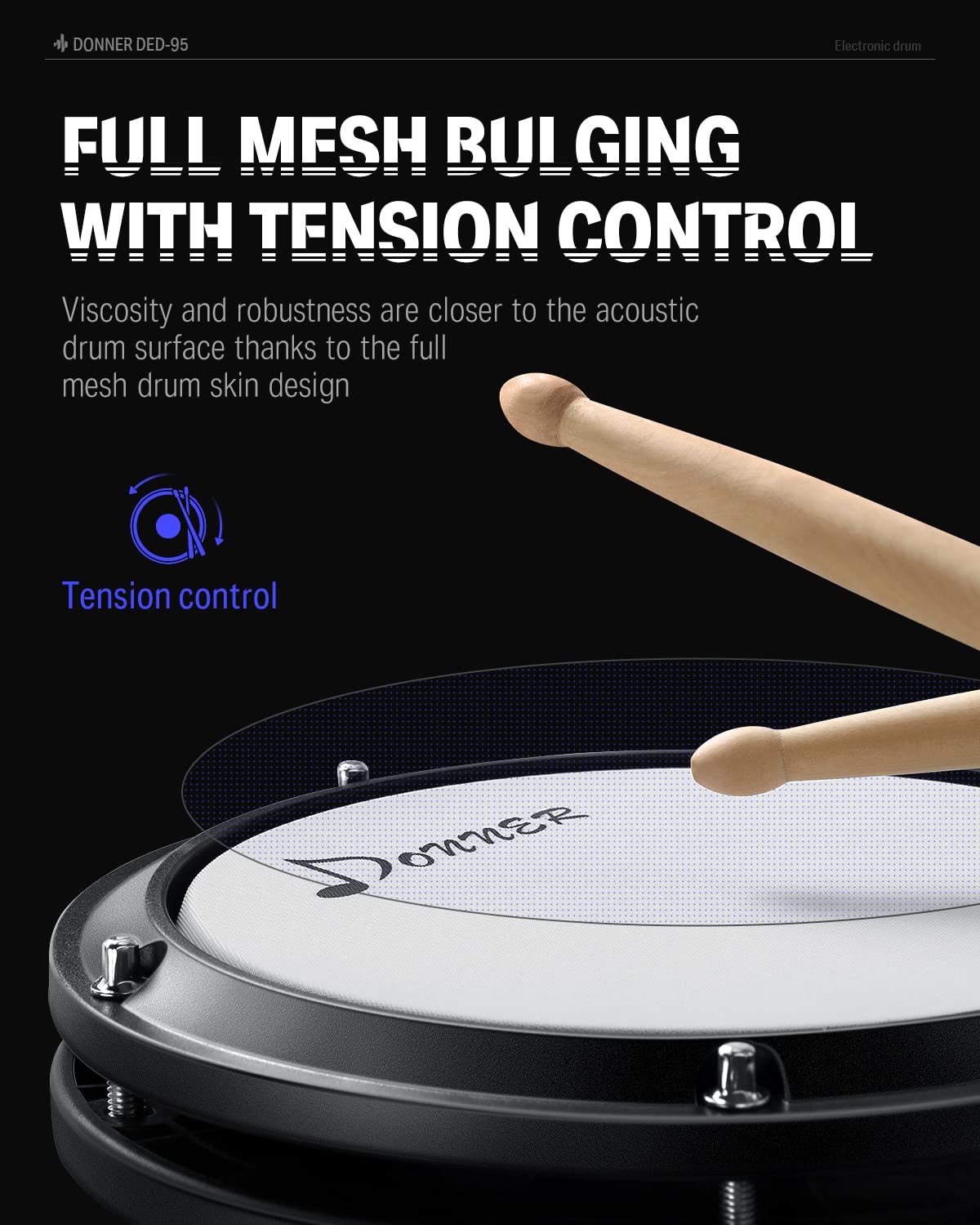 Donner DED-95 Electronic Drum Set for Beginners - 180 Sounds, Quiet Mesh Pads, Kick Drum, Drum Throne, Sticks & Headphones Included - Perfect for Home Practice, Studio Recording & Music Learning with 40 Free Melodics Lessons (Black)