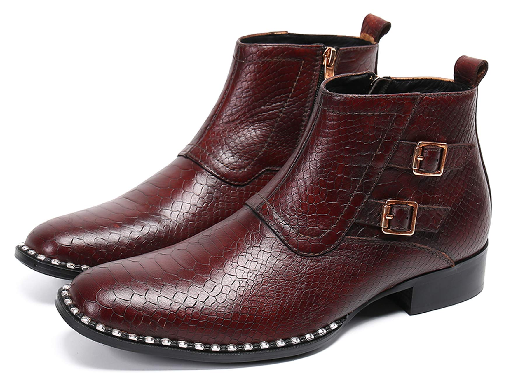 Men's Leather Dress Boots with Round Toe & Side Zipper - Formal & Casual Red Boots for Work, Office & Special Occasions