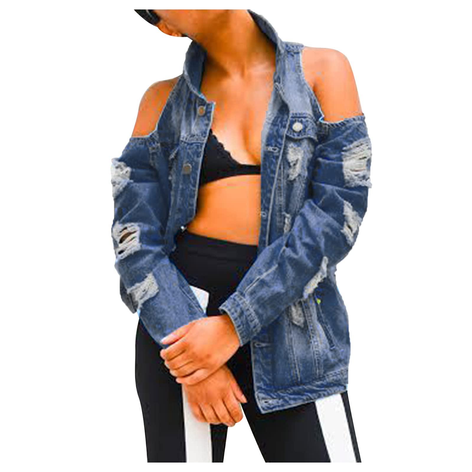 Distressed Hemlock Women's Cold Shoulder Denim Jacket with Pockets - Vintage Short Jean Coat for Autumn Fashion | Casual Outwear, Street Style & Fall Layering