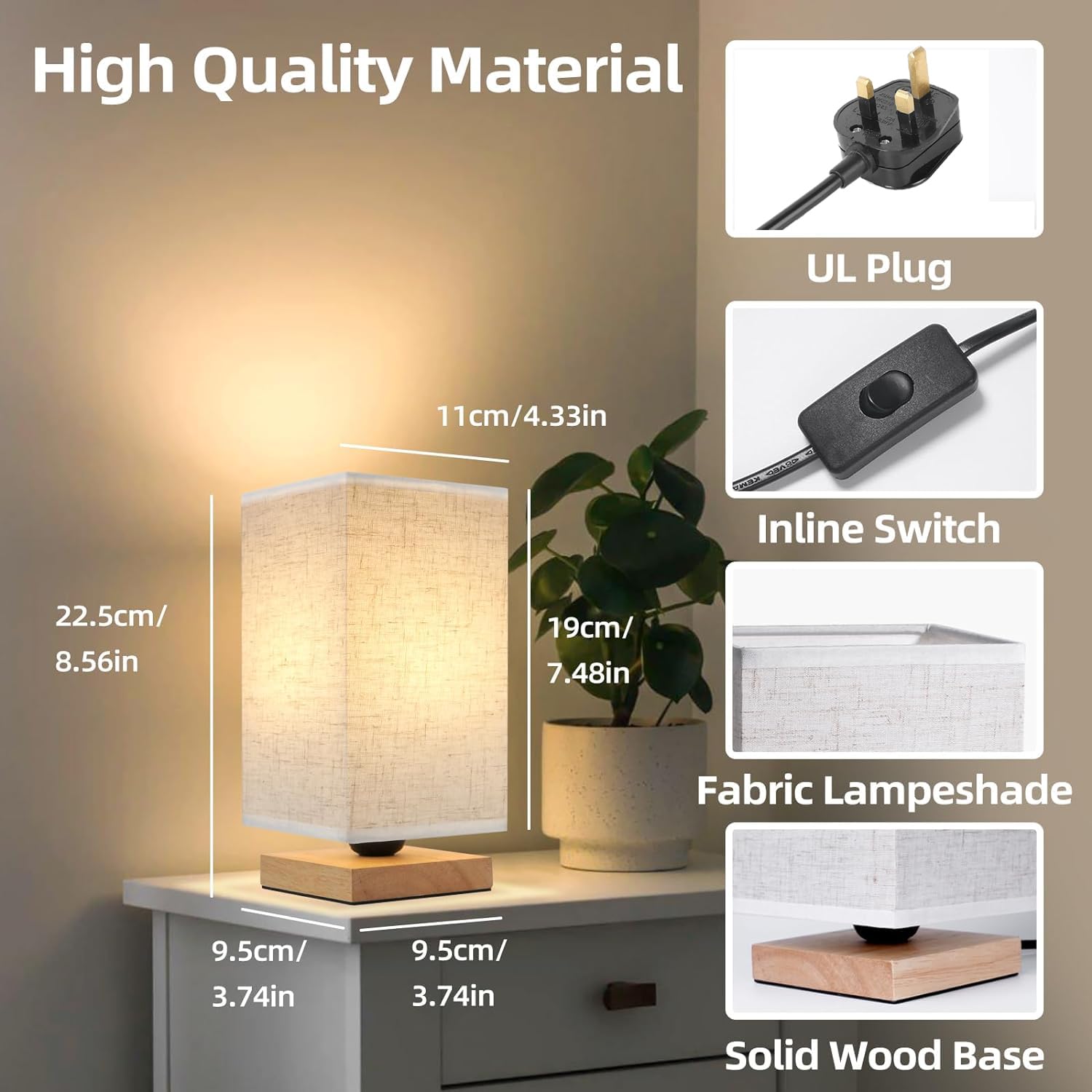 Minimalist Square Fabric Linen Shade Bedside Lamp - Warm LED Table Light for Bedroom, Kids Room, Living Room, Dorm & Office with On/Off Switch (Bulb Included) | Perfect Nightstand Companion for Reading & Relaxation