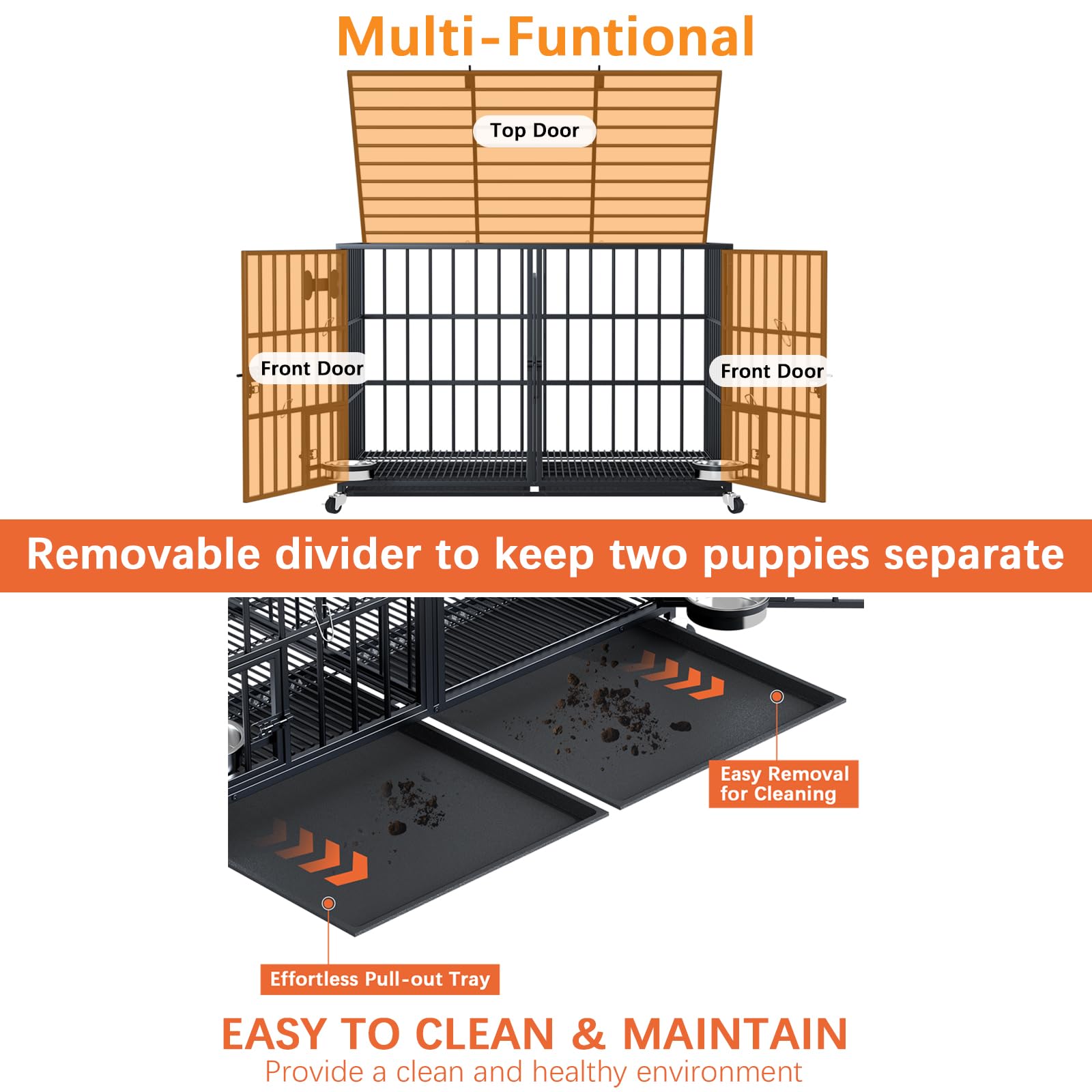 aboxoo 48/42 Inch XL Heavy Duty Metal Dog Crate - Indoor Kennel for Large Dogs or Double Medium Dogs | Open Top Design with Wheels, Floor Grid, Removable Tray, Divider & Feeding Bowl | Perfect for Home, Travel & Vet Visits