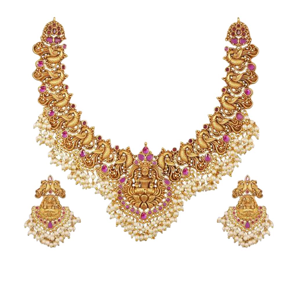 Antique Gold Plated Cira Short Necklace Set with Floral Design - Traditional South Indian Jewelry for Women | Ethnic Necklace Set for Weddings, Festivals & Cultural Events | 1 Year Warranty