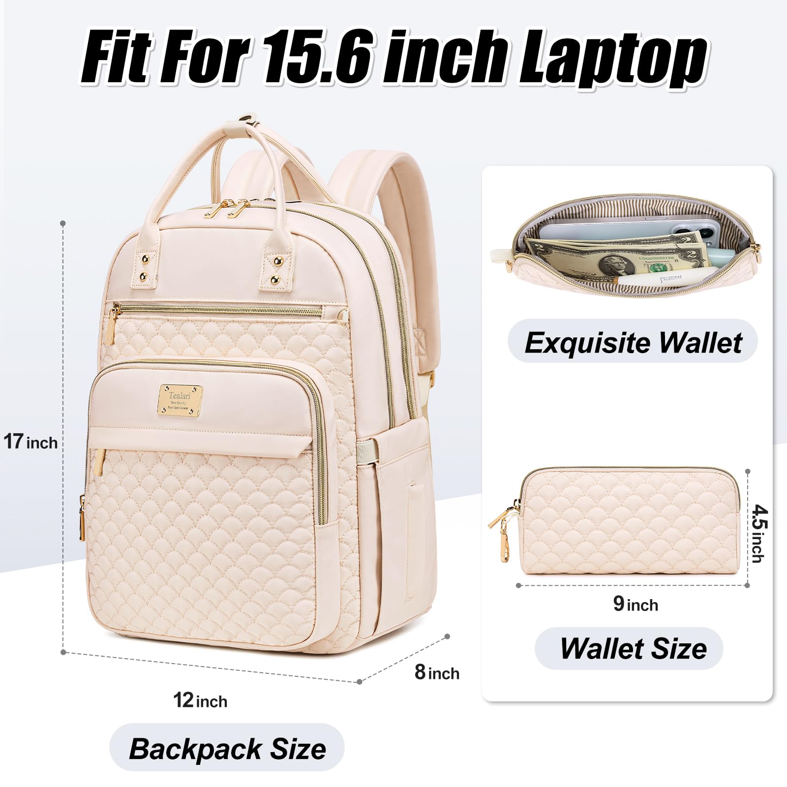 Stylish 15.6 Inch Water Resistant Laptop Backpack for Women - Durable Work & Travel Backpack with Wallet - Perfect for College, Business Trips & Commuting (Beige)