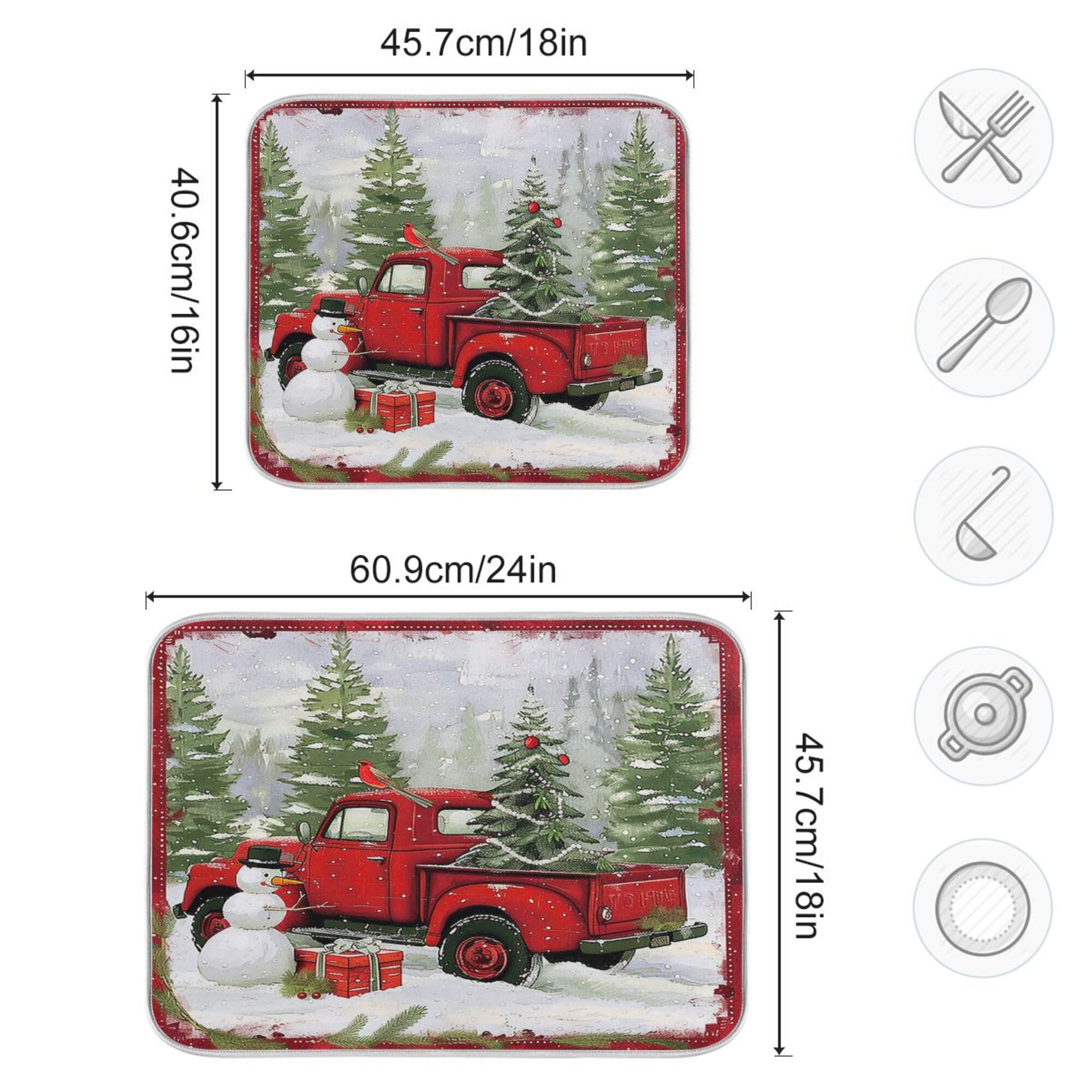 Christmas Red Truck Snowman Dish Drying Mat 16x18 Inch - Absorbent Fast Dry Kitchen Accessories for Winter, Xmas Tree & Snowflake Decor | Perfect for Holiday Dish Drainer Rack, Cardinal Bird Themed Kitchens & Festive Entertaining