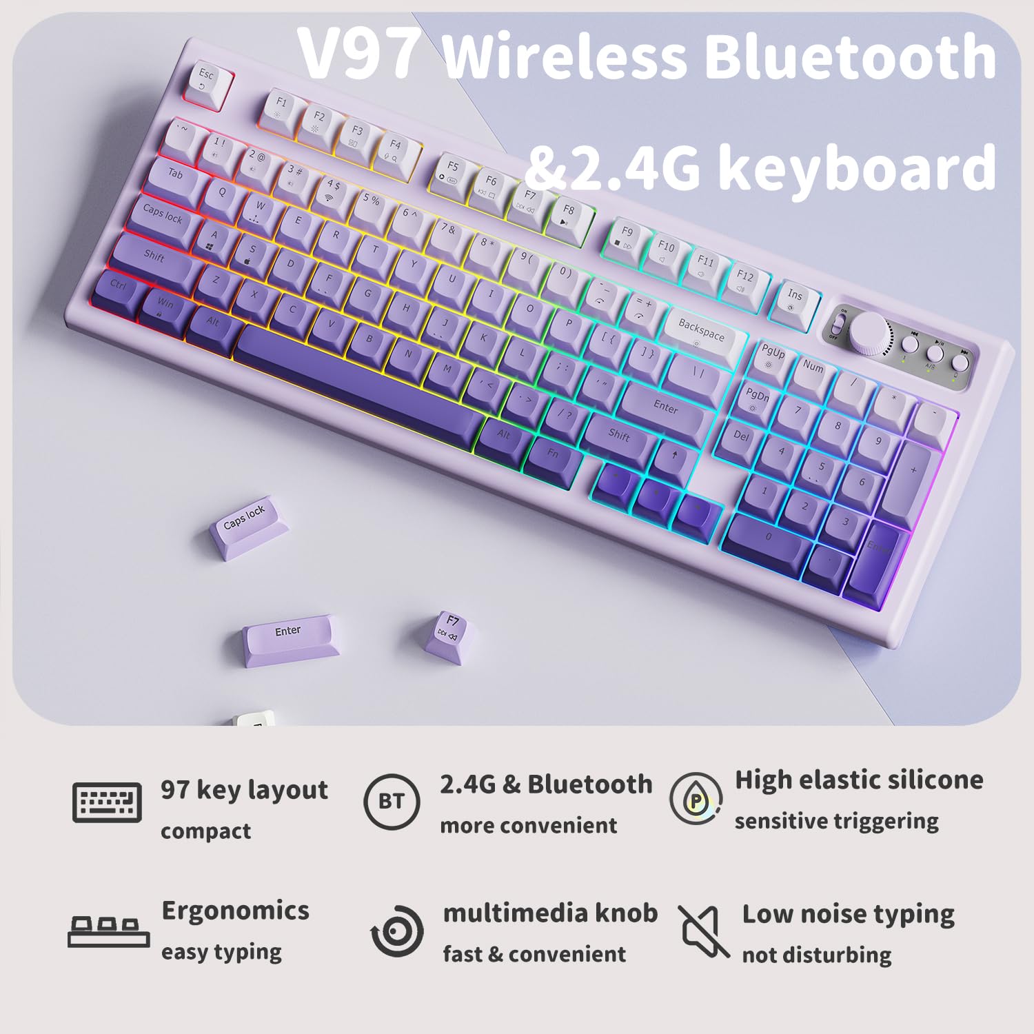EWEADN V97 Cute Creamy Wireless Gaming Keyboard - Bluetooth/2.4GHz Dual Mode, RGB Backlit, Media Knob, Ergonomic Curved Design, Rechargeable Quiet Mechanical Keyboard for MAC/PC/Xbox (Gradient Purple) - Perfect for Gaming, Office Work & Late-Night Typing