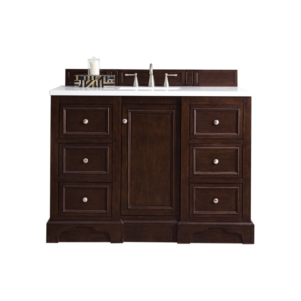 De Soto 48 Inch Single Bathroom Vanity with Burnished Mahogany Cabinet & 3CM White Zeus Quartz Countertop - Perfect for Modern Master Bathrooms and Powder Rooms