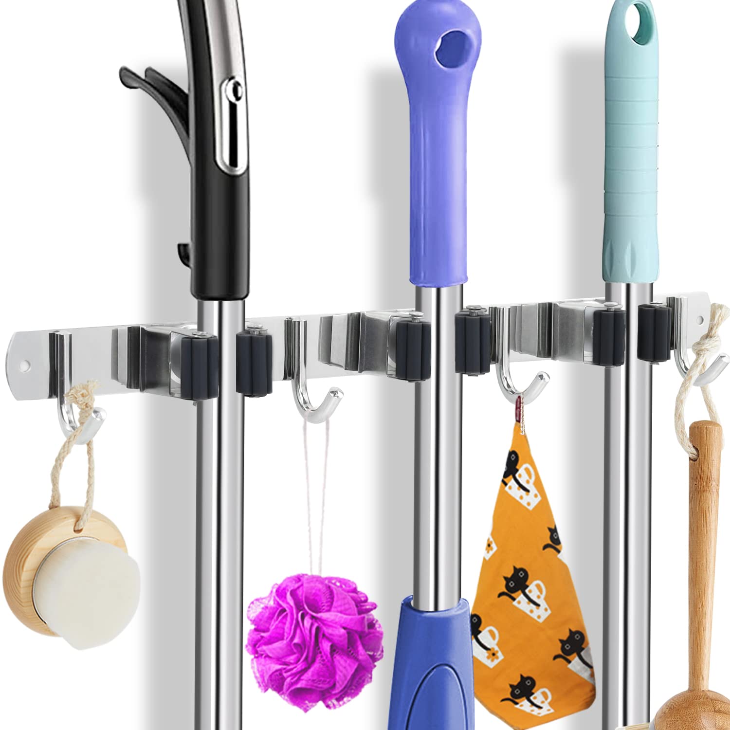 Stainless Steel Wall Mount Broom Mop Holder - Heavy Duty Garage & Kitchen Organizer with 3 Racks & 4 Hooks for Home Storage - Perfect for Garage, Kitchen, Laundry Room & Garden Organization (Black)