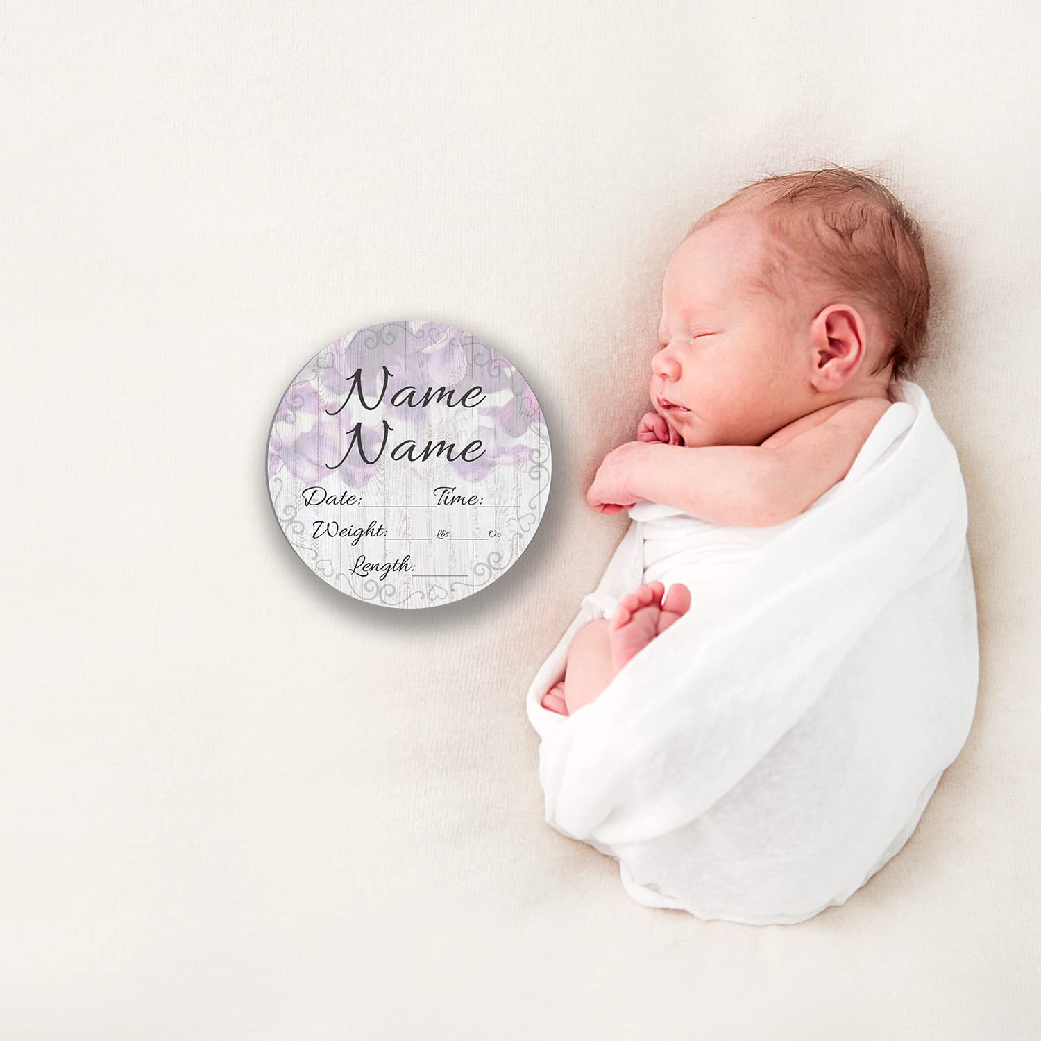 Personalized Baby Newborn Announcement Sign - Custom Name & Gender Reveal for Nursery, Girl Boy Neutral Wall Decor - Perfect for Hello World Hospital Photography & Baby Shower Gifts (Purple Flowers Design)