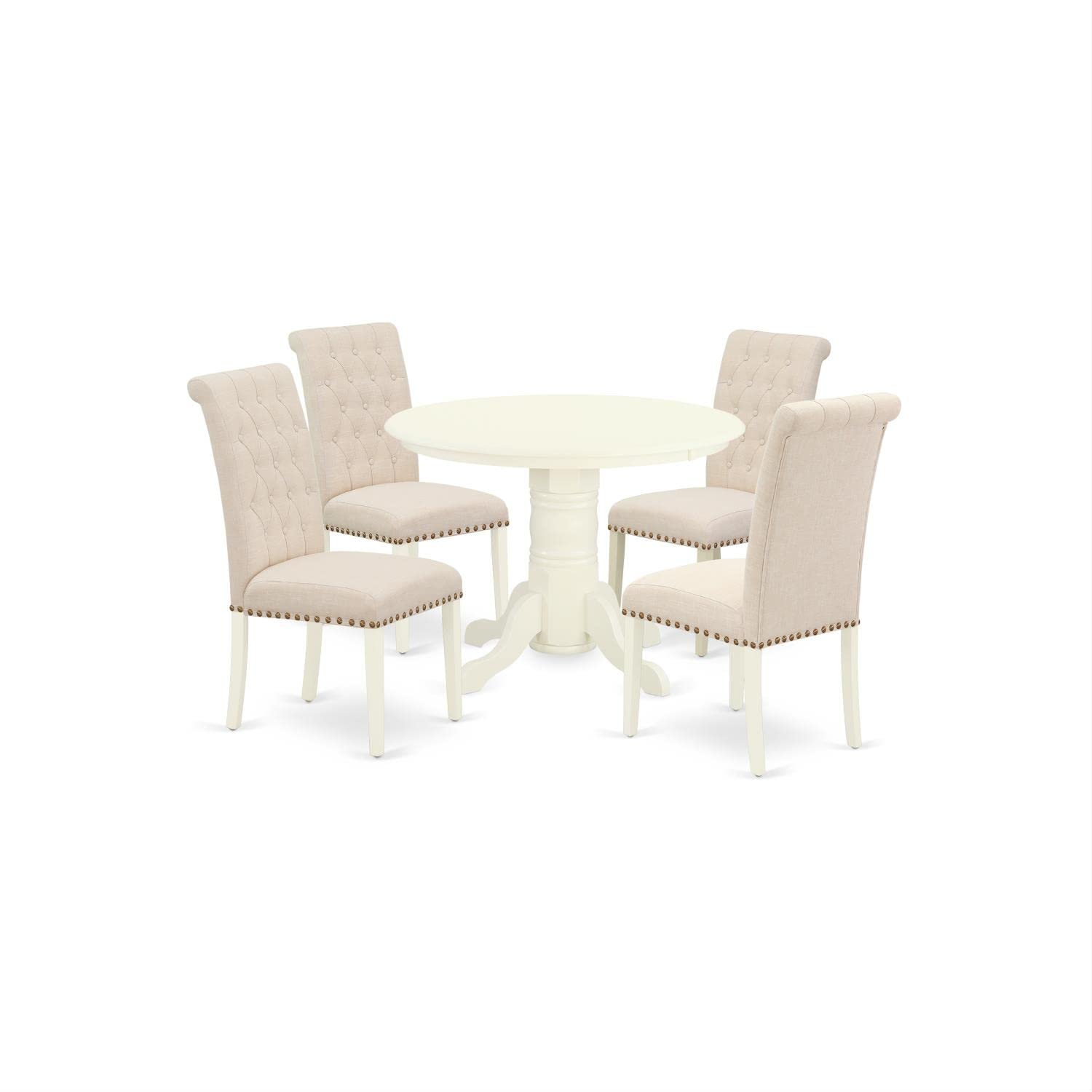 East West Furniture 5-Piece Round Dining Table Set with Pedestal Base & 4 Light Beige Linen Chairs, 42x42 Inch, White - Perfect for Small Kitchens, Breakfast Nooks & Cozy Family Meals