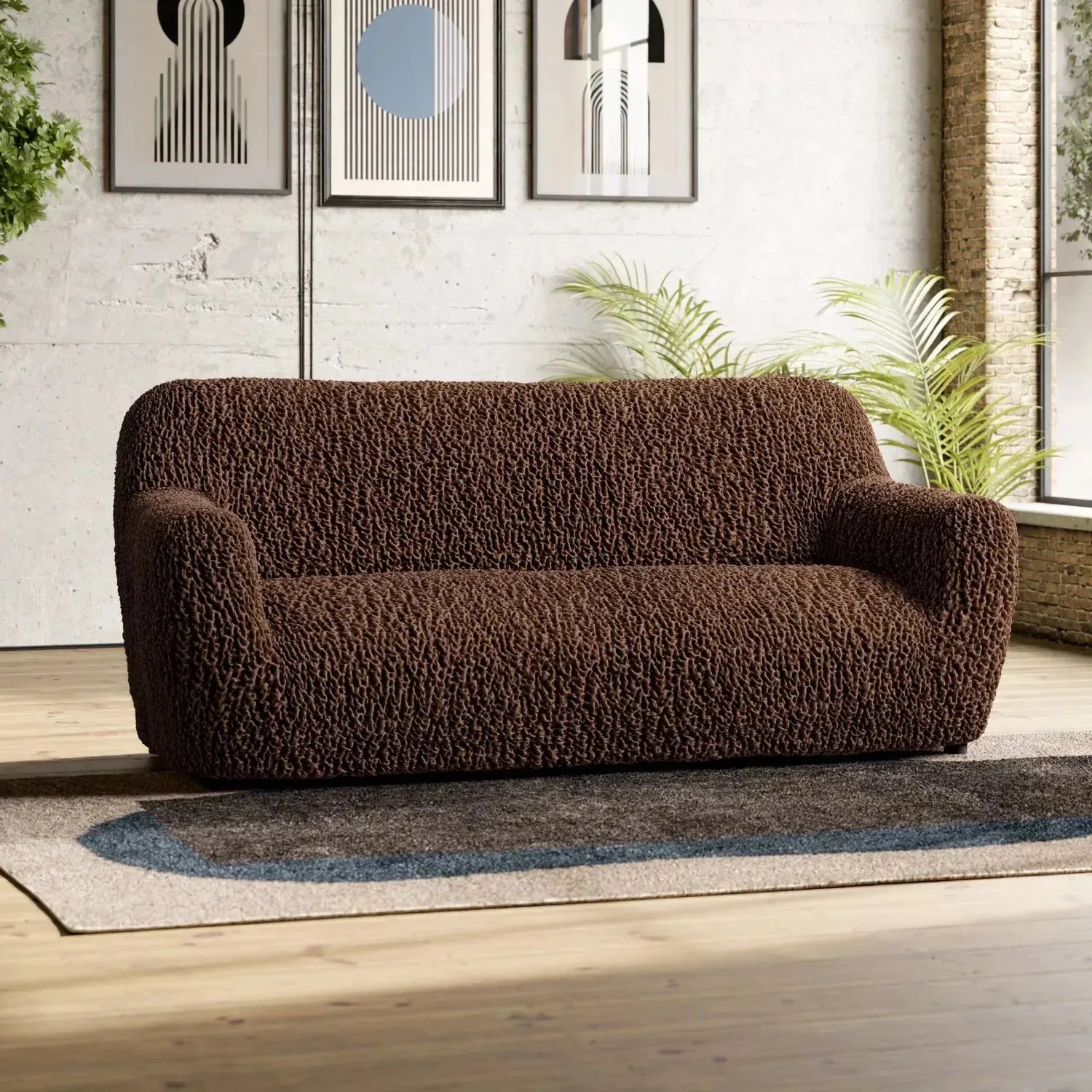 Goffrato Velvet 3-Seater Sofa Slipcover - Soft Stretch Couch Cover for Living Room, Home Decor & Furniture Protection (Beige)