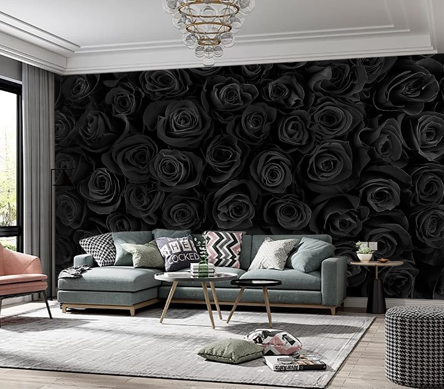 Beautiful Black Roses Floral Peel and Stick Wallpaper - 75''x108'' Self-Adhesive Wall Mural for Bedroom, Living Room, Nursery & Home Decor | Easy DIY Wall Covering, Removable Contact Paper Decals