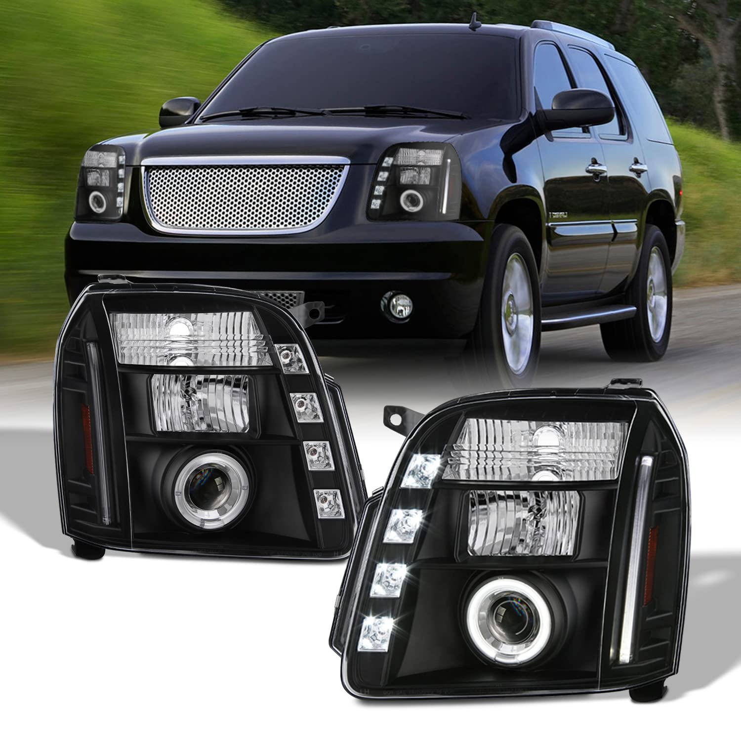 AKKON Black Bezel Dual Halo LED Projector Headlights for GMC Yukon Denali SUV - High Performance Replacement Headlamps Pair for Night Driving & Off-Road Adventures