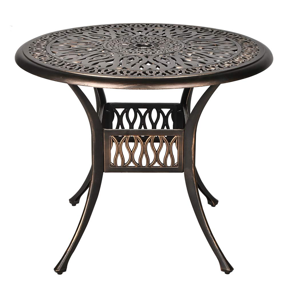 OKIDA 35.4 Inch Round Outdoor Patio Table - Weather-Resistant Cast Aluminum Bistro Dining Table with 2 Inch Umbrella Hole for Backyard, Garden, Porch - Perfect for Outdoor Entertaining & Relaxation