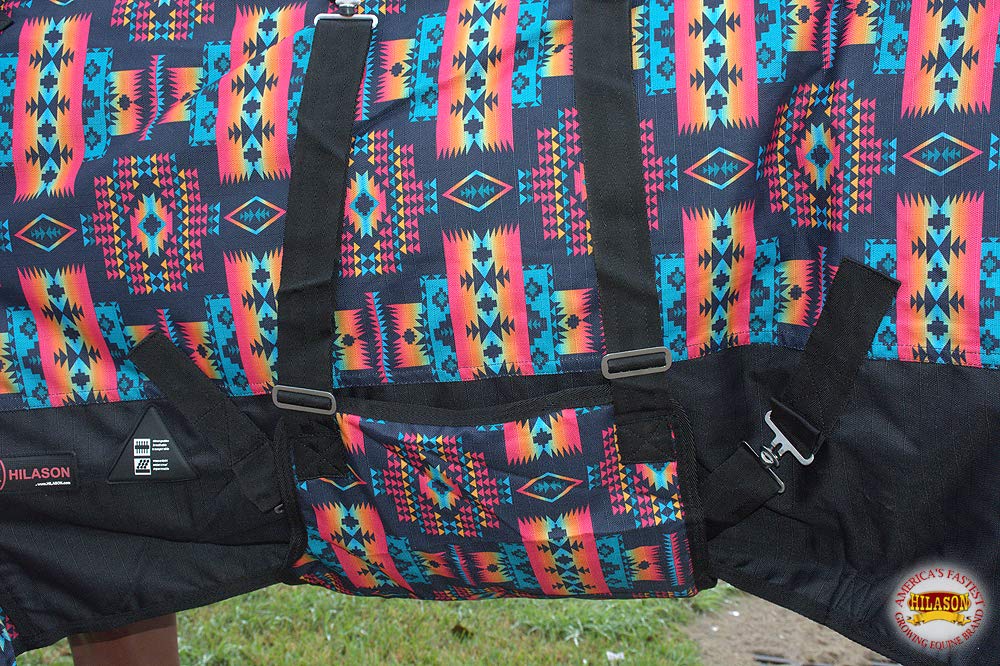 HILASON 1200D Winter Waterproof Horse Blanket with Belly Wrap - Black Aztec Design 66 Inch - Heavy Duty Polyester Horse Rug for Cold Weather Riding & Stable Use
