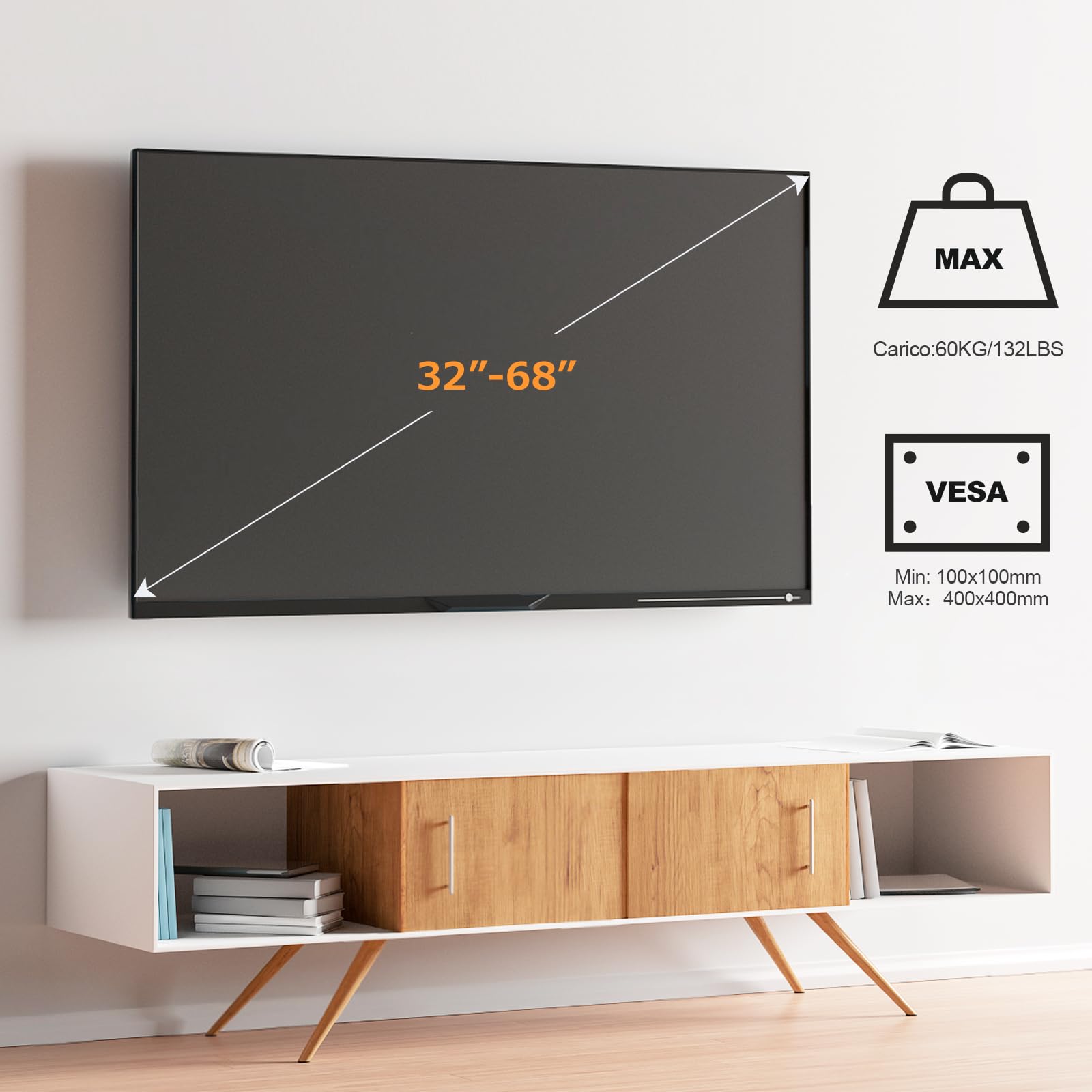 JXMTSPW Adjustable TV Wall Mount Bracket for 32-68 Inch Flat & Curved Screens - Supports LED, LCD, OLED TVs up to 60kg with Max VESA 400x400mm - Perfect for 40, 43, 50, 55, 60, 65 Inch TVs - Ideal for Living Room, Bedroom & Home Theater Setup