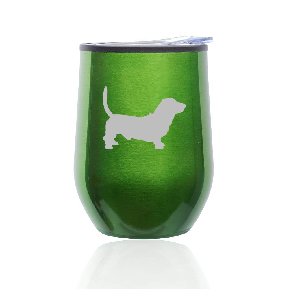 Basset Hound Stemless Wine Tumbler with Lid - 16oz Insulated Coffee Travel Mug, Shatterproof Glass Cup for Hot/Cold Drinks - Perfect for Home, Office, Picnics & Outdoor Adventures (Green)
