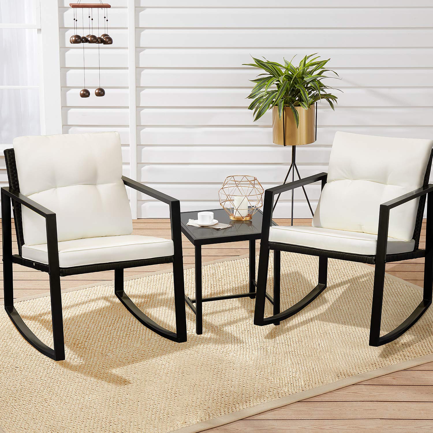 Tuoze Outdoor Patio Furniture Set - 3-Piece Wicker Bistro Conversation Set with Rocking Chairs & Glass Coffee Table, Beige - Perfect for Garden, Backyard, Poolside or Balcony Relaxation