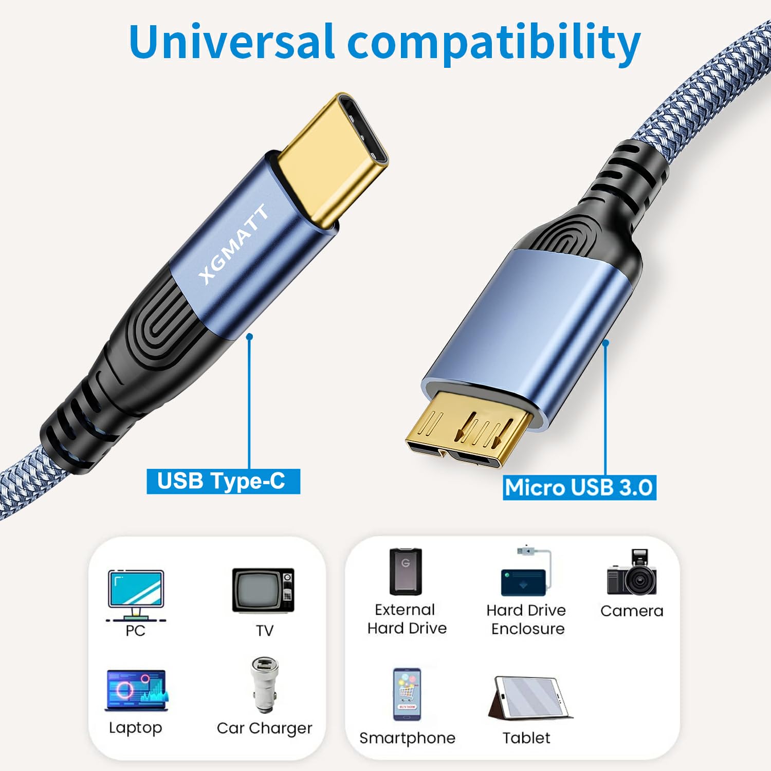 XGMATT USB C to USB 3.0 Micro B Cable 0.5M - High Speed Data Transfer Cable for WD, Toshiba Canvio, Seagate Expansion External Hard Drives - Also Compatible with Samsung Galaxy S5 - Perfect for Data Backup, File Transfer and Mobile Device Charging