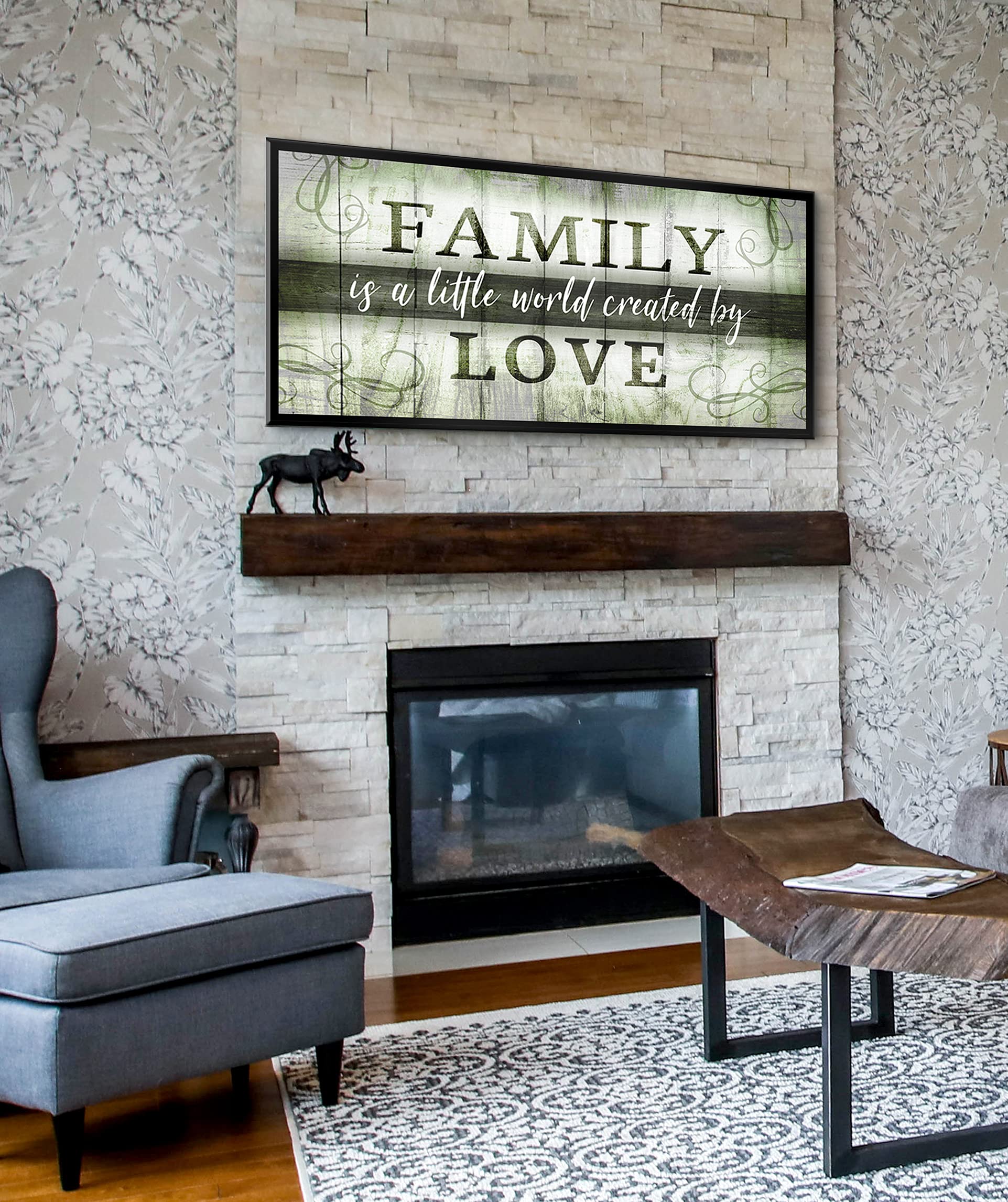 Family Wall Art Decor - Farmhouse Canvas Sign for Living Room (Green, Black Frame 60x27) - Home & Gift