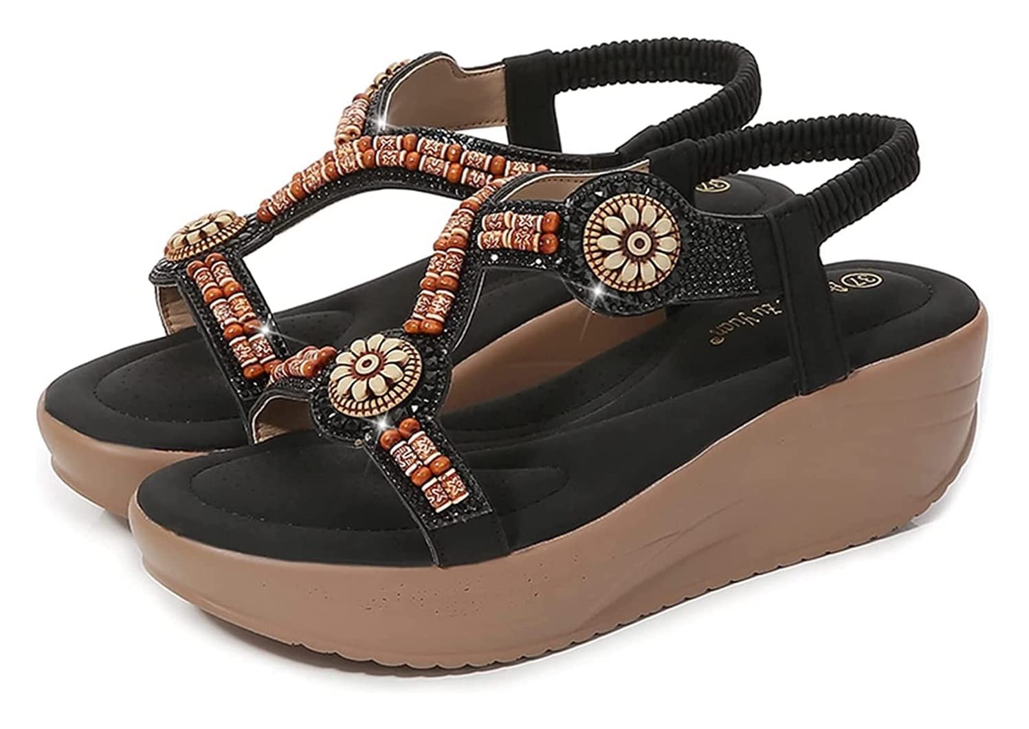 ZYHZJC Women's Fashion Platform Wedge Sandals - Summer Rhinestone Elastic Band Comfortable Round Toe Open Toe Sandals for Beach, Party, and Casual Outings