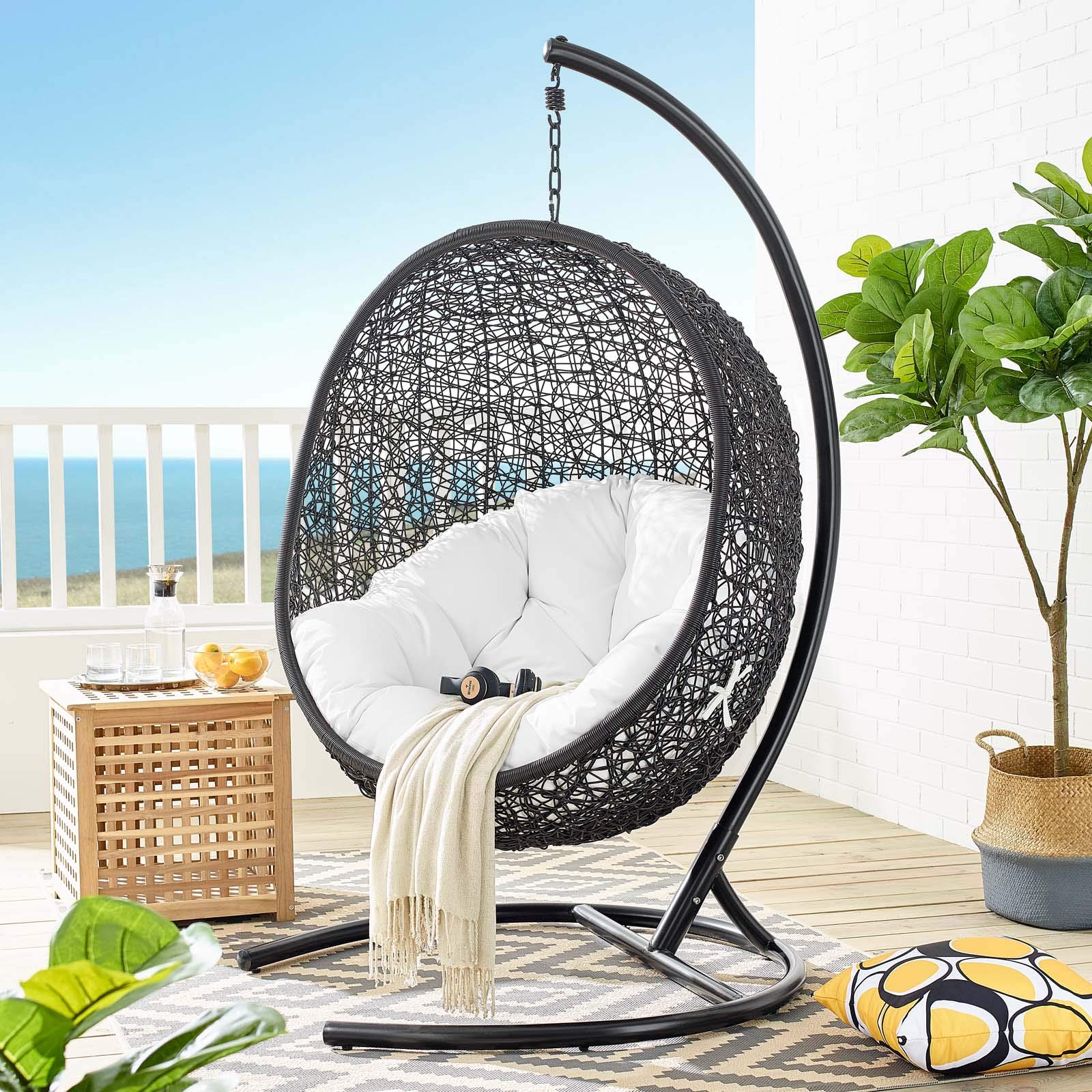 Modway Encase White Wicker Rattan Egg Swing Chair with Stand - Outdoor Patio Hanging Chair for Garden, Porch, Backyard Relaxation & Boho Decor