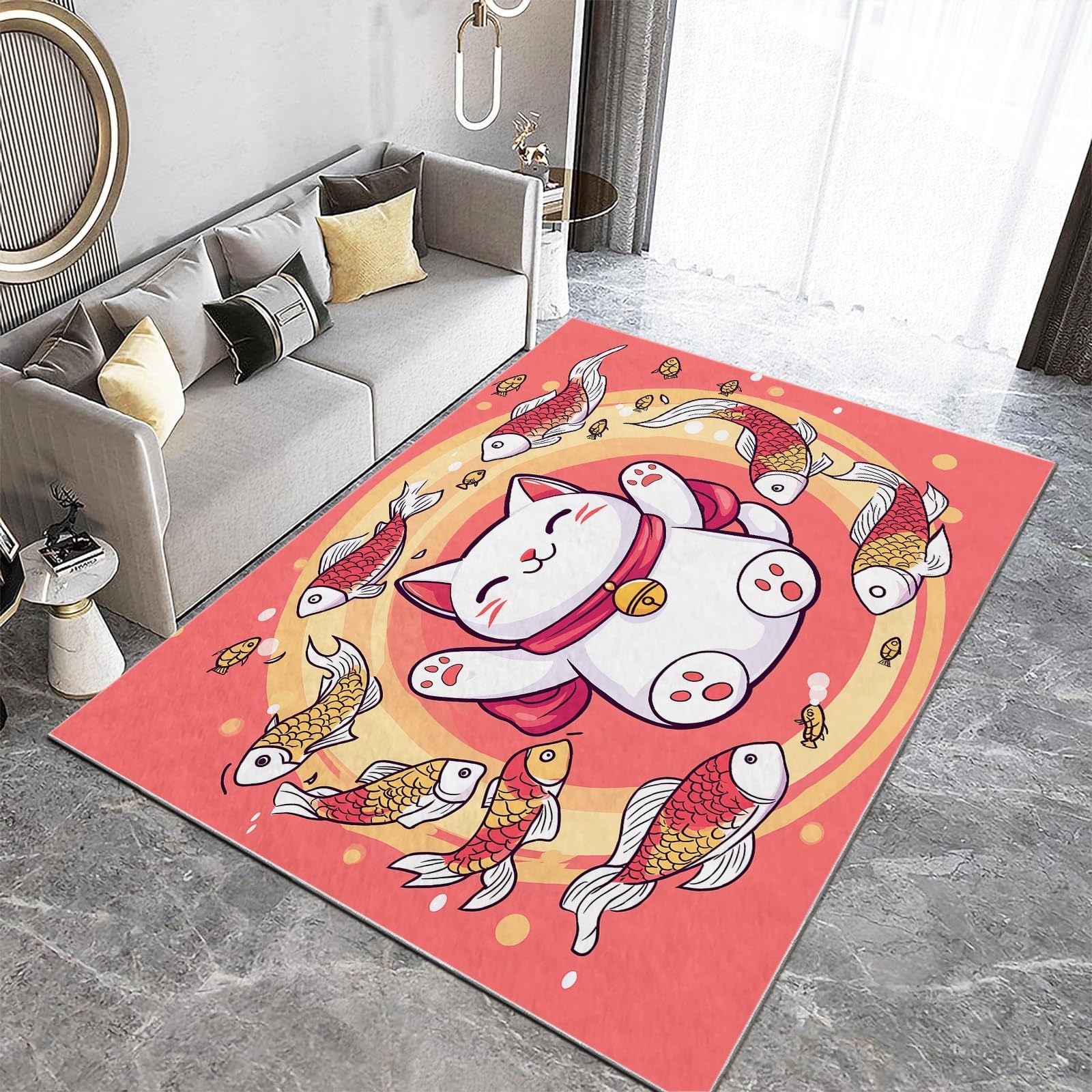 6x9 ft Cartoon Cat and Fish Ultra Soft Washable Area Rug - Non-Slip Indoor Carpet for Living Room, Nursery, Kids Room, Dorm & Home Office Decor | Perfect for Cozy Spaces & Play Areas
