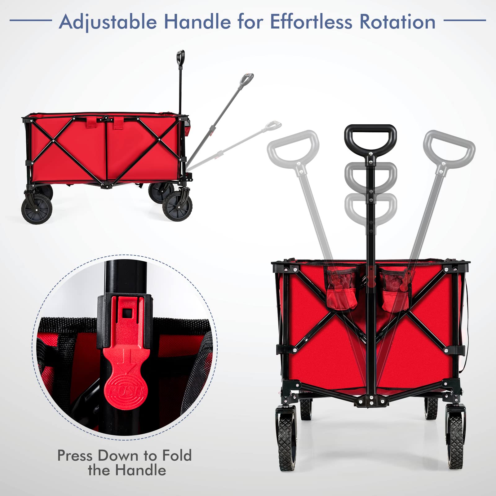 Heavy Duty Collapsible Wagon Cart with Universal Wheels & Adjustable Handle - Foldable Utility Cart for Camping, Grocery Shopping, Gardening, Beach Trips and Outdoor Adventures (Red) - Perfect for Picnics, Tailgating and Home Storage