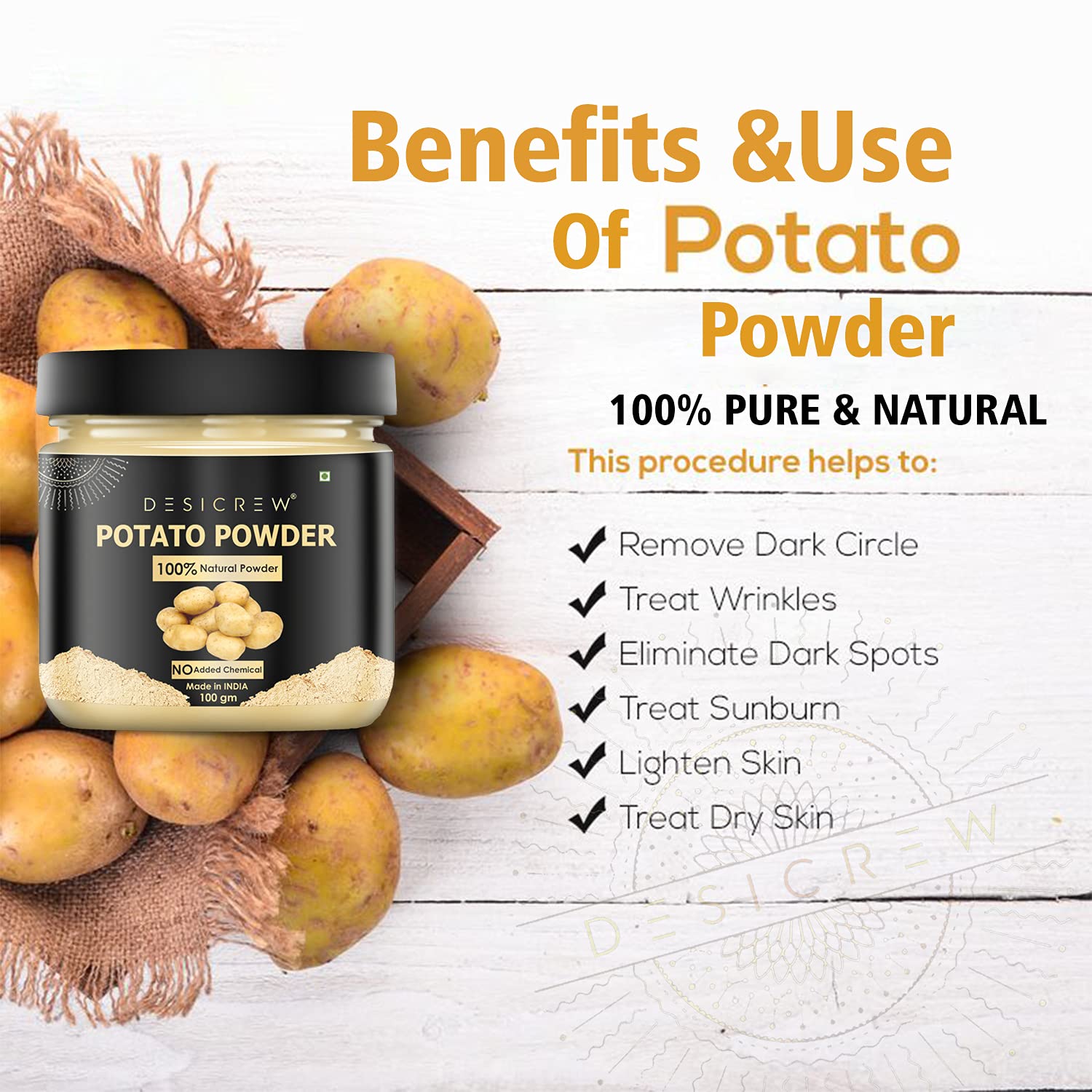 Desi Crew Pure & Natural Potato Powder for Skin Toning | Anti-Aging, Blackhead Removal, Acne Treatment & Deep Cleansing Face Mask | 200g | Perfect for Daily Skincare & Spa Treatments
