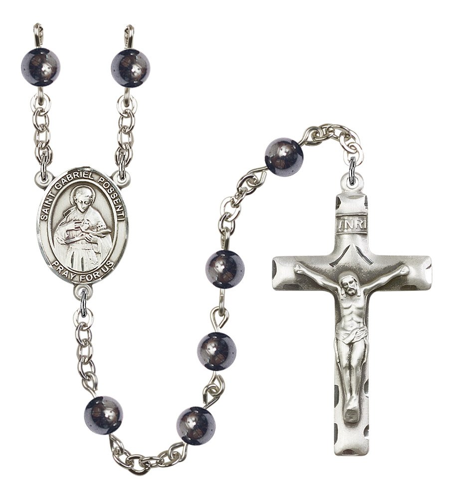 Silver Plated Rosary with 6mm Hematite Beads - 1 3/4 x 1 Crucifix & St. Gabriel Possenti Medal Centerpiece | Perfect for Prayer, Meditation & Catholic Gifts