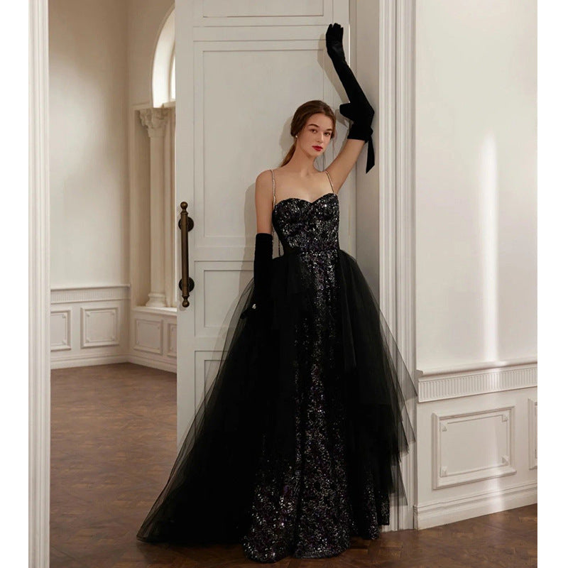 Elegant Black Sparkly Long Prom Dress with Spaghetti Straps & Sequins - Perfect for Evening Gala, Homecoming Dance, and Formal Events
