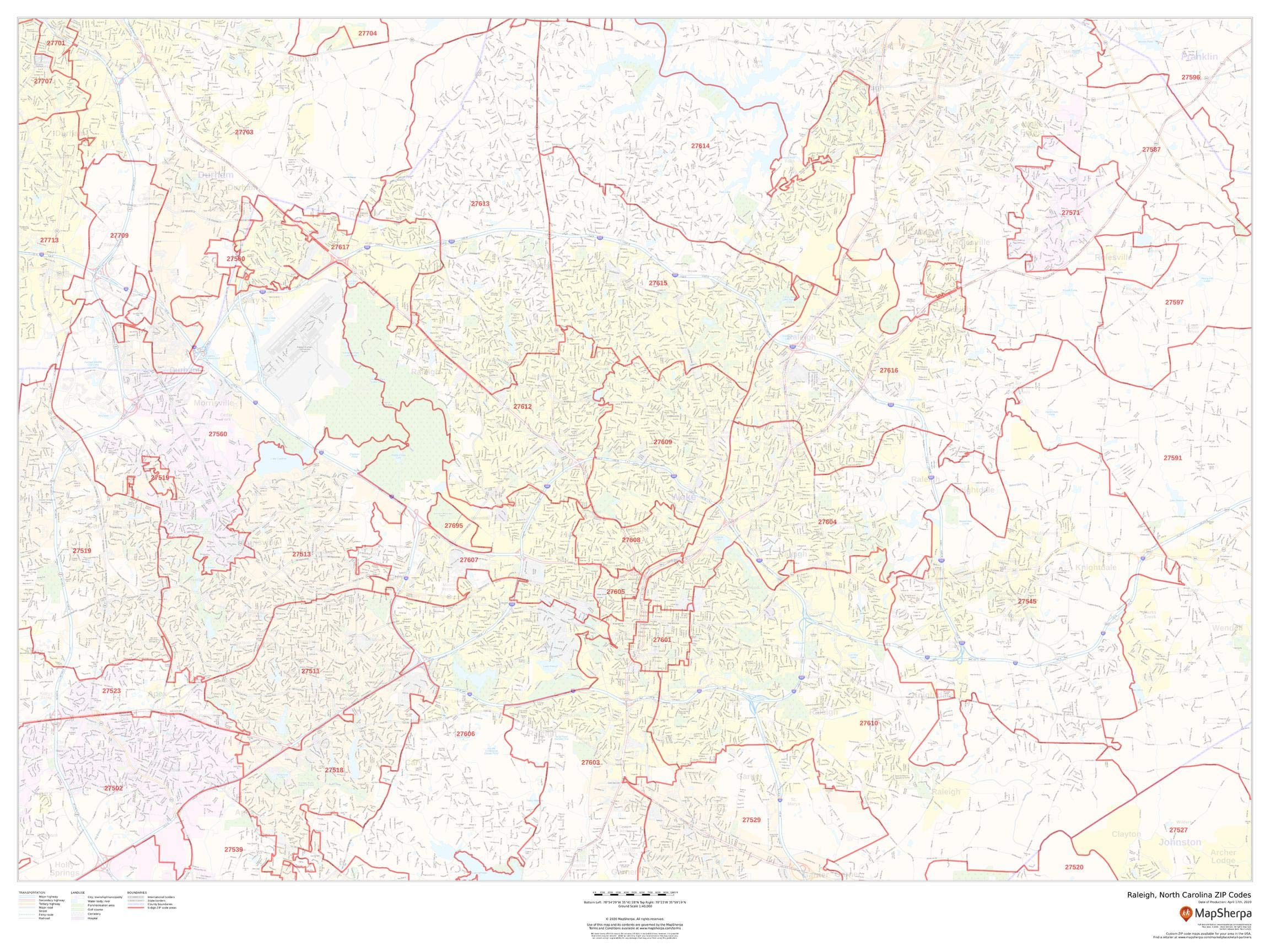 Raleigh NC Zip Code Map - 48x36 Inch Laminated Wall Poster for Office, Classroom & Home Decor | Detailed North Carolina Postal Codes