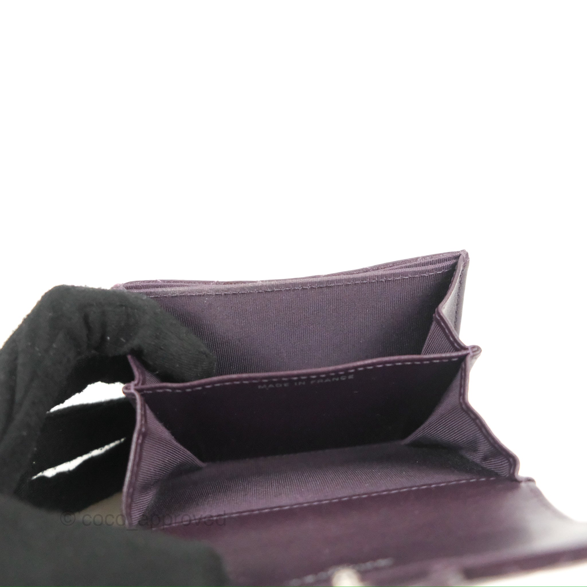 Chanel Classic Flap Coin Purse - Dark Purple Lambskin Leather with Silver Hardware | Luxury Small Wallet for Women, Perfect for Parties & Evening Events