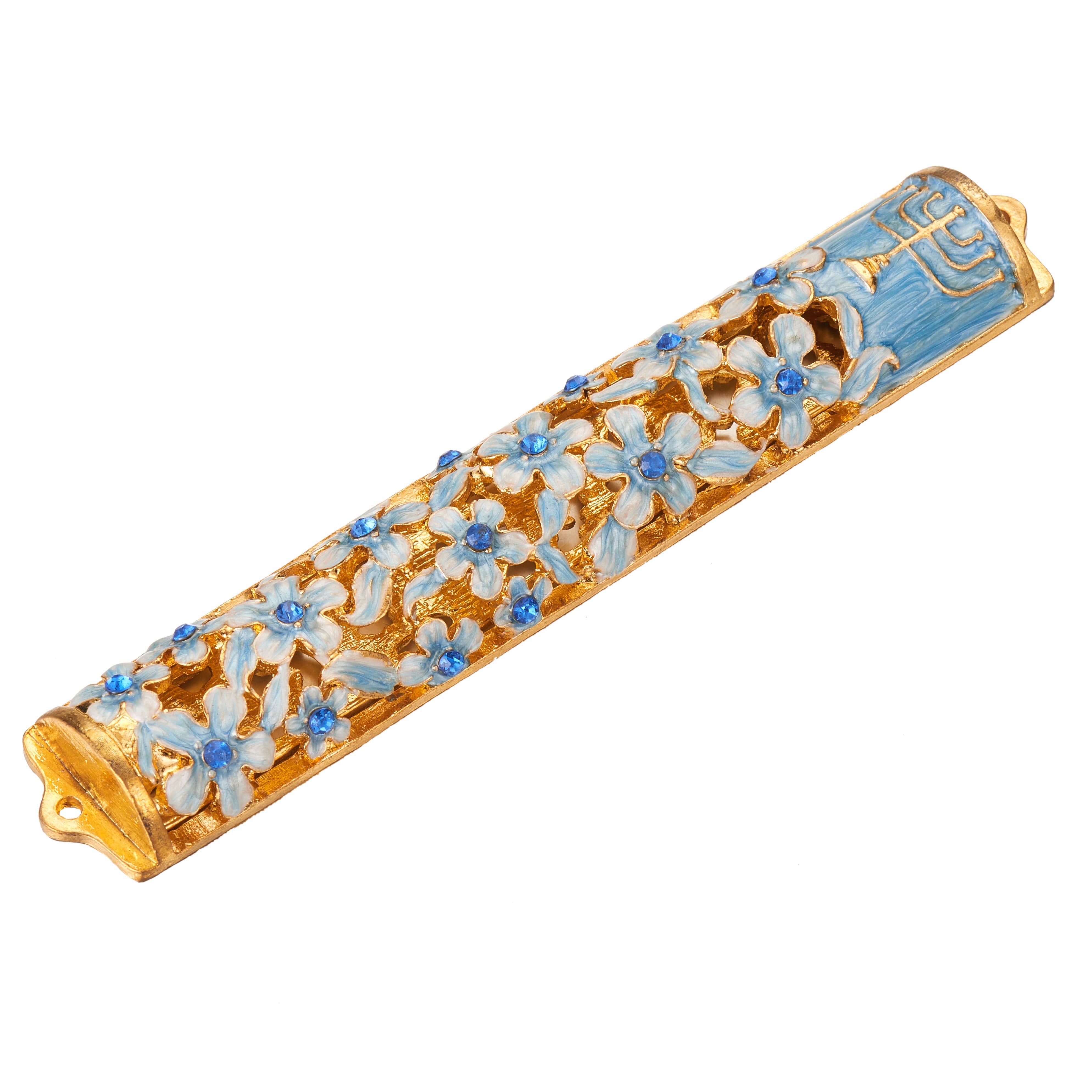 Hand Painted 5.5 Inch Blue & White Enamel Mezuzah - Traditional Jewish Door Blessing Scroll Case for Home & Office Protection