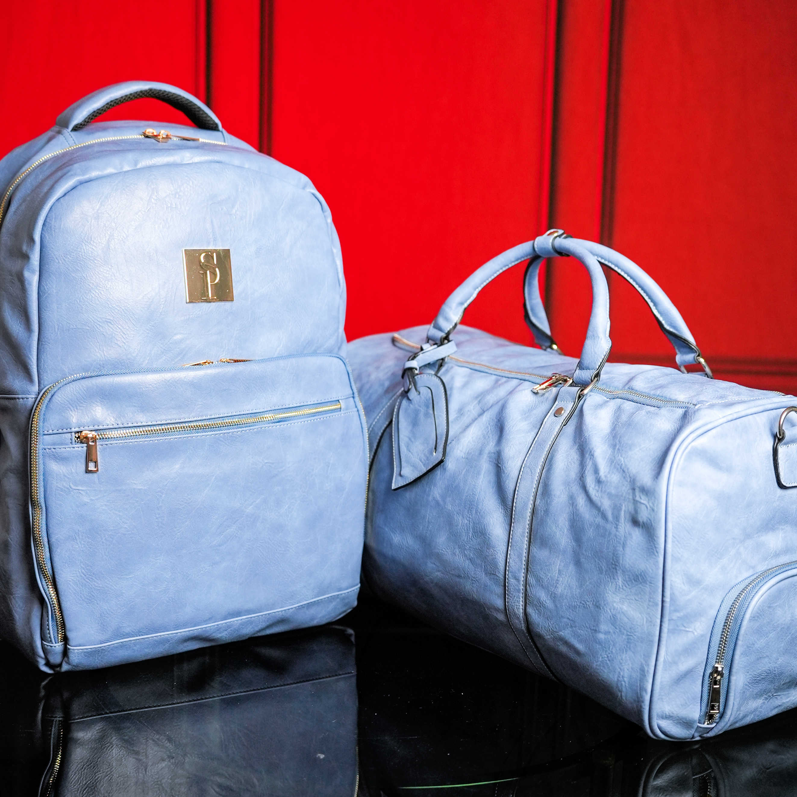 Premium Baby Blue Tumbled Leather 2-Piece Bag Set - Commuter & Duffle Bags for Travel, Gym & Everyday Use | Stylish & Durable Leather Backpack & Duffel Combo