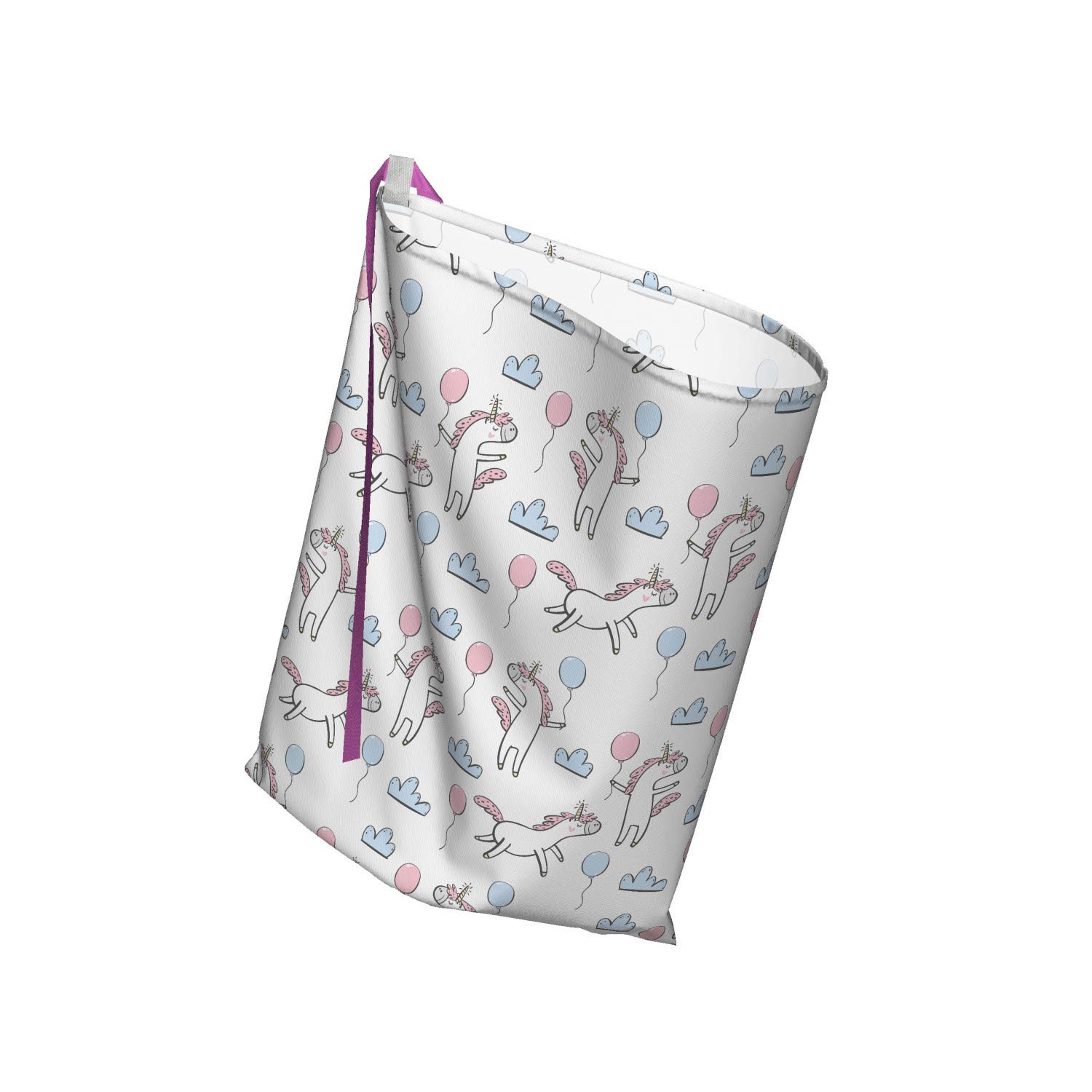 Ambesonne Cartoon Unicorn Fabric Gift Bag with Clouds & Balloons - Themed Party Present Sack for Birthdays & Celebrations - Includes 3 Ribbons, 27