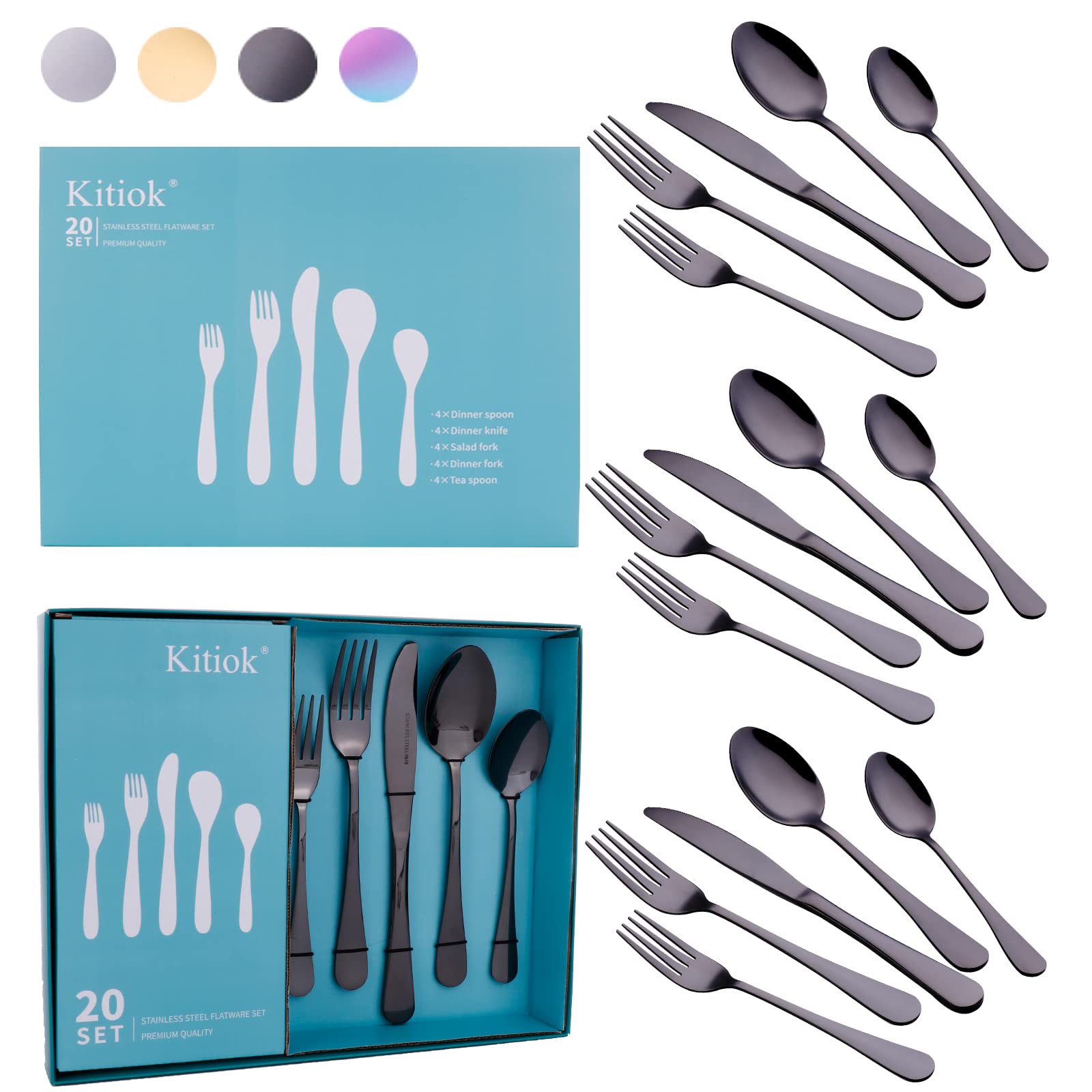 Premium 20-Piece Stainless Steel Flatware Set for 4 - Mirror Polished Black Silverware with Knives, Forks & Spoons - Dishwasher Safe Cutlery Set for Everyday Dining, Dinner Parties & Restaurant Use