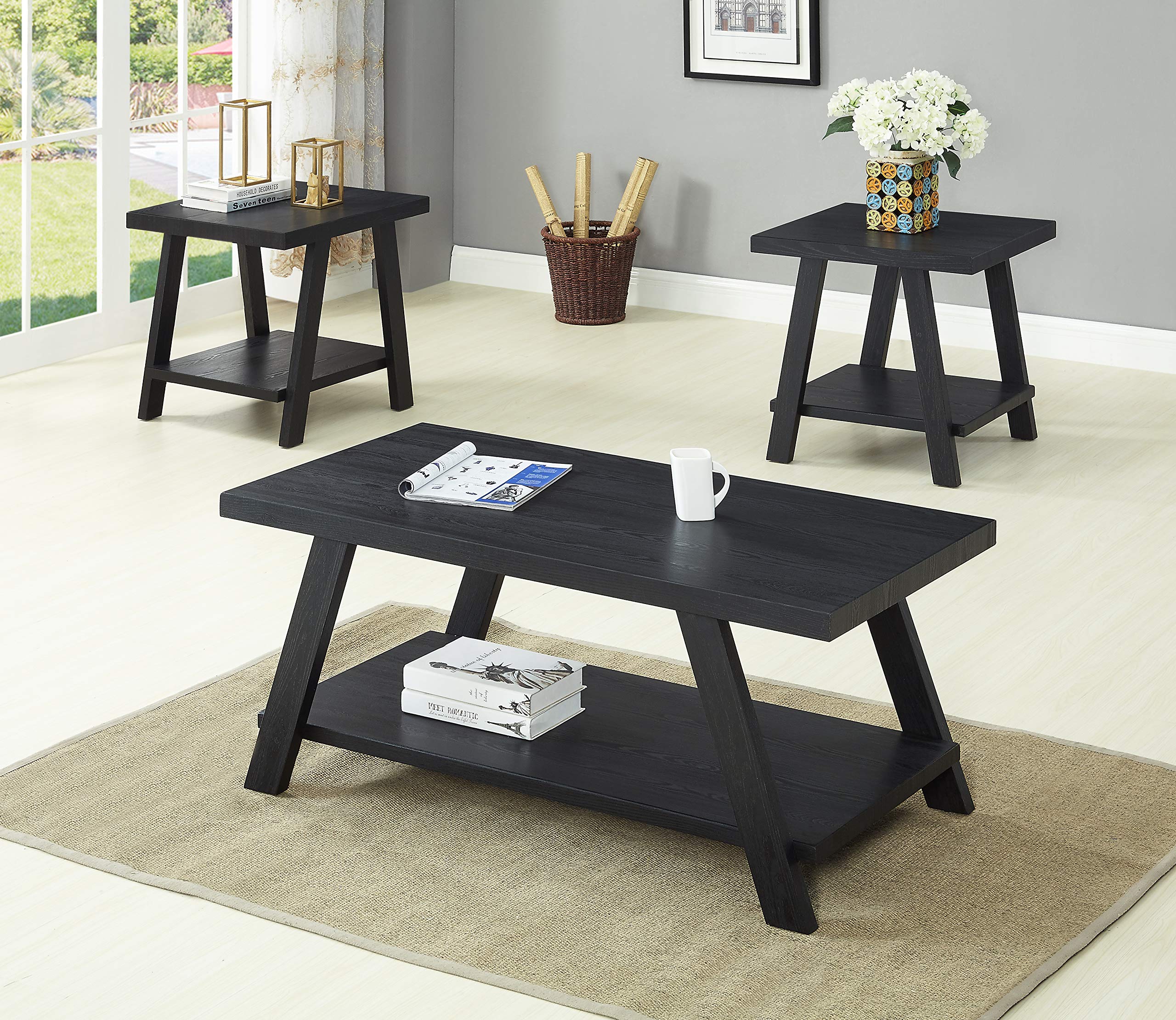 3Pc Modern Black Cocktail Table Set for Living Room - Coffee & End Tables for Home Decor