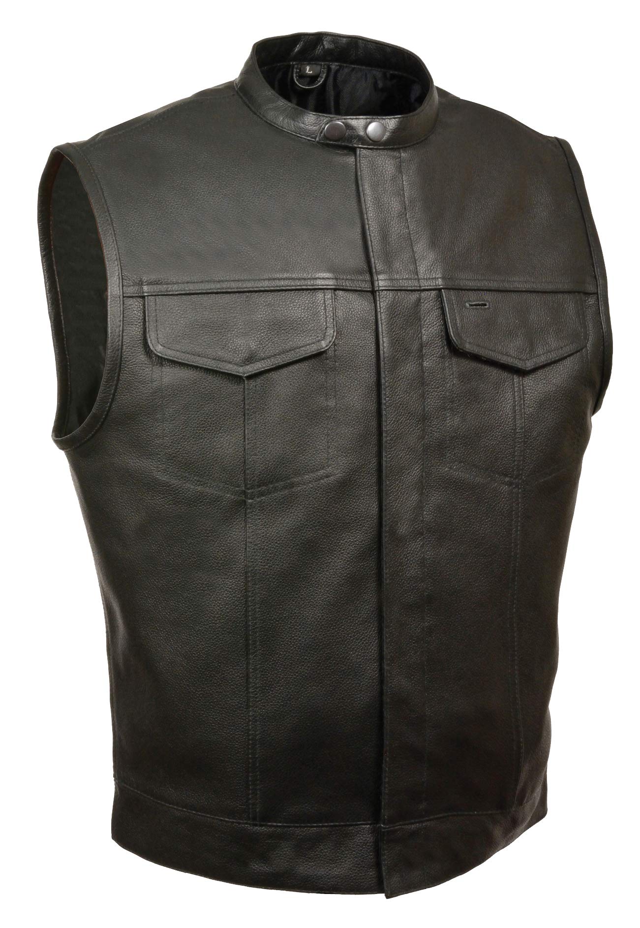 Men's SOA Style Leather Vest with Inside Gun Pocket & Deep Drop Pockets - Snap Collar Biker Jacket for Motorcycle Riding, Club Patches, and Outdoor Activities
