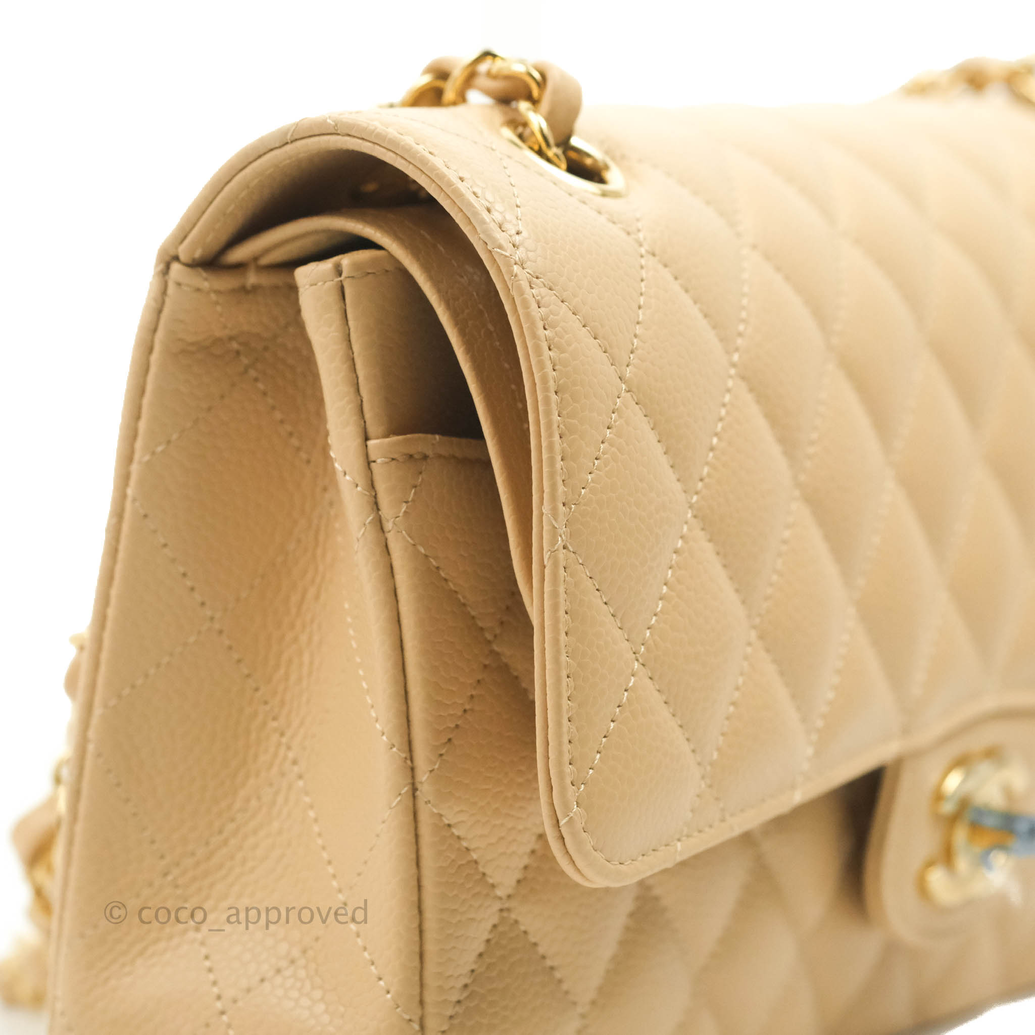 Chanel Classic M/L Medium Flap Bag Quilted Beige Caviar Leather with Gold Hardware - Luxury Handbag for Women, Perfect for Parties, Work & Everyday Use