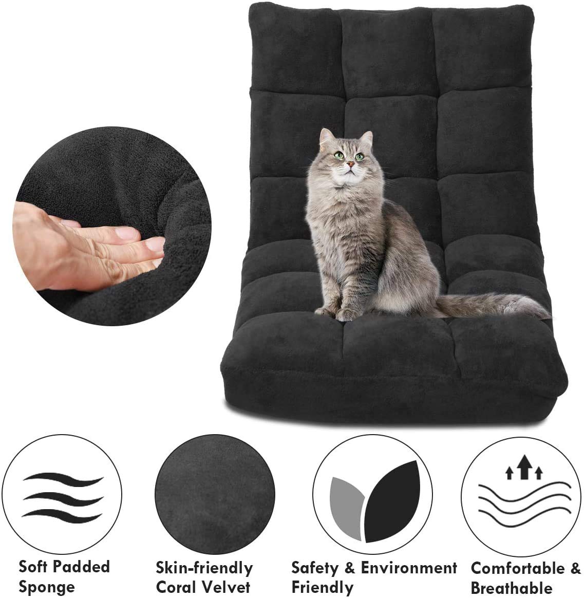 Adjustable 14-Position Folding Floor Chair - Padded Lazy Sofa with Back Support, Ergonomic Gaming & Reading Chair for Home Office - Perfect for Small Spaces, Meditation, and Relaxing