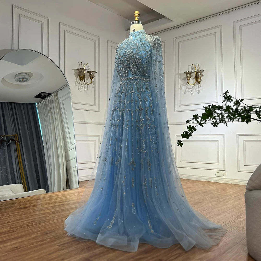 Elegant Blue Beaded A-Line Evening Gown with Cape Sleeves - LA71803G | Formal Party Dress for Prom, Wedding & Black Tie Events