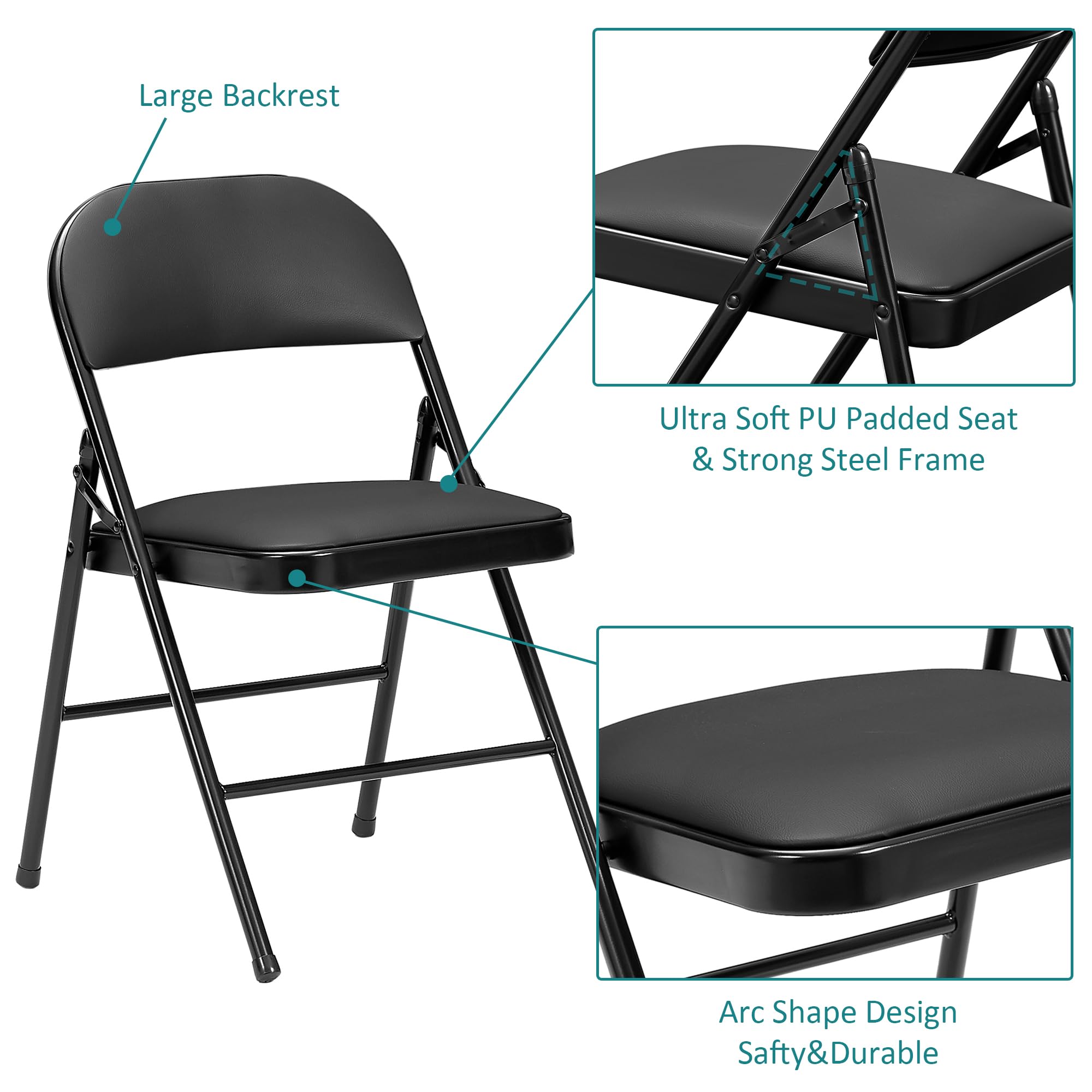 VECELO 5-Piece Portable Folding Card Table and Chair Set - Square Metal Frame with Collapsible Legs & Vinyl Upholstery in Black | Perfect for Game Nights, Outdoor Parties, and Indoor Gatherings