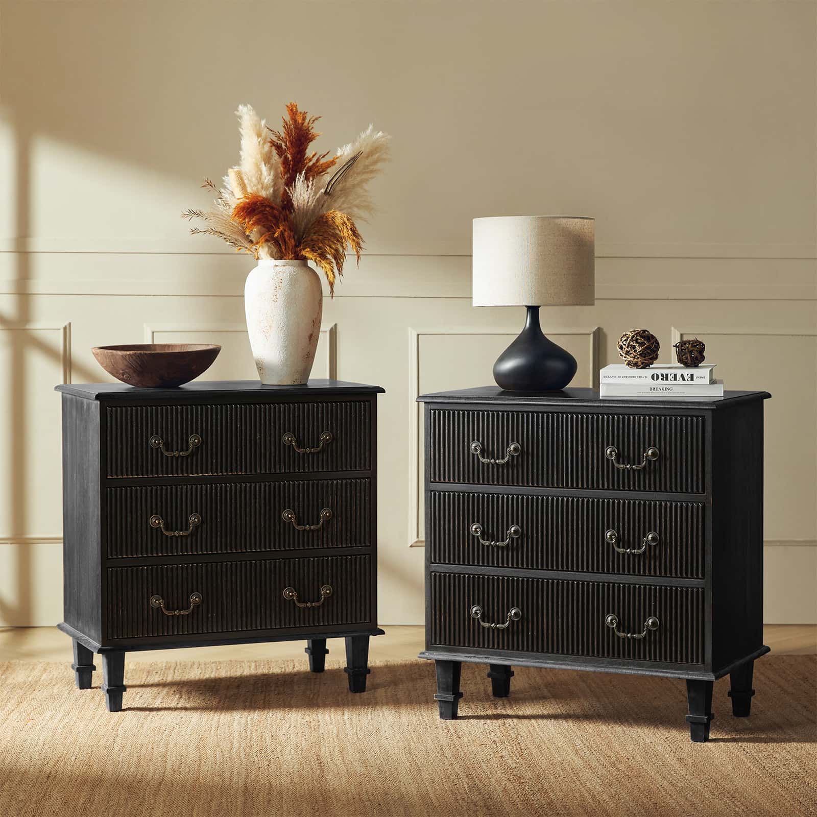 Rustic 3-Drawer Nightstand with USB Charging Station - Solid Wood Bedside Table for Bedroom, Living Room & Guest Room | Galatea Optional Types