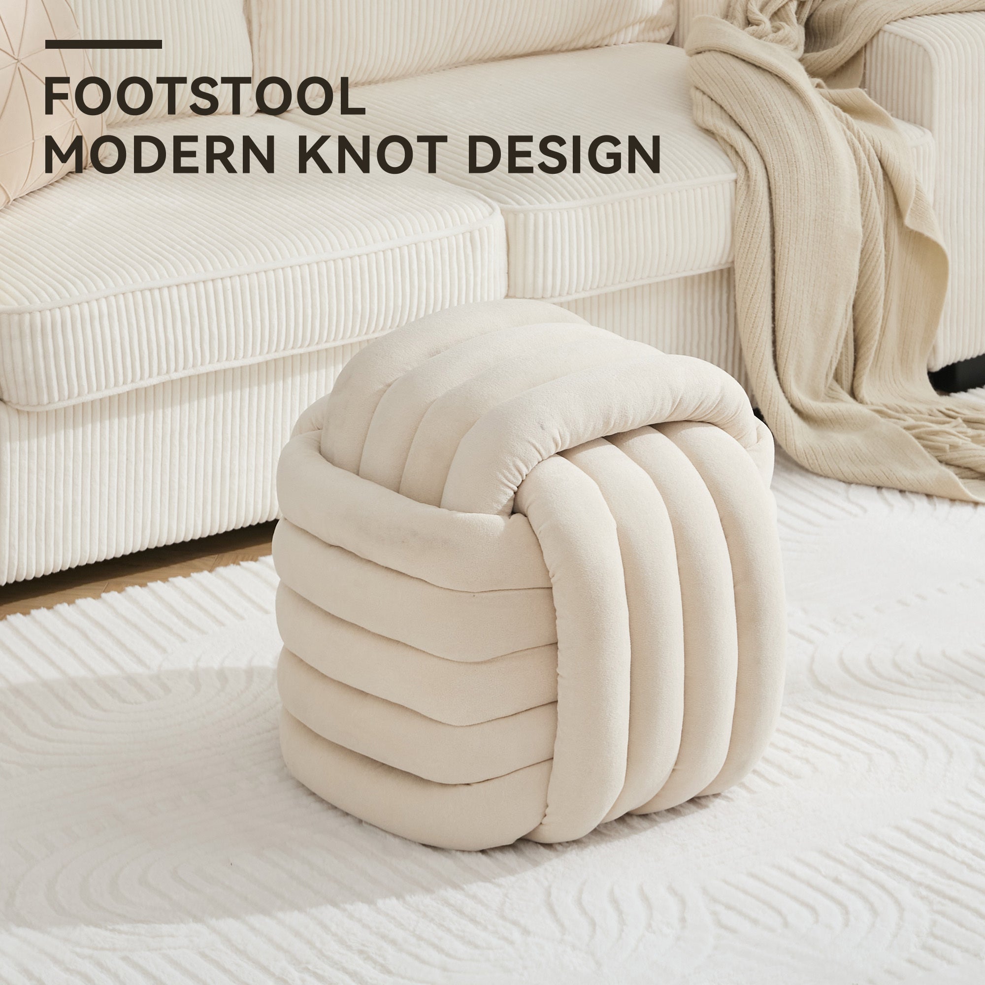Modern Chenille Fabric Knot Design Ottoman Stool - Comfortable Footrest & Makeup Seat for Living Room, Bedroom - Beige Home Decor Accent | Perfect for Lounging, Vanity & Nursery Use