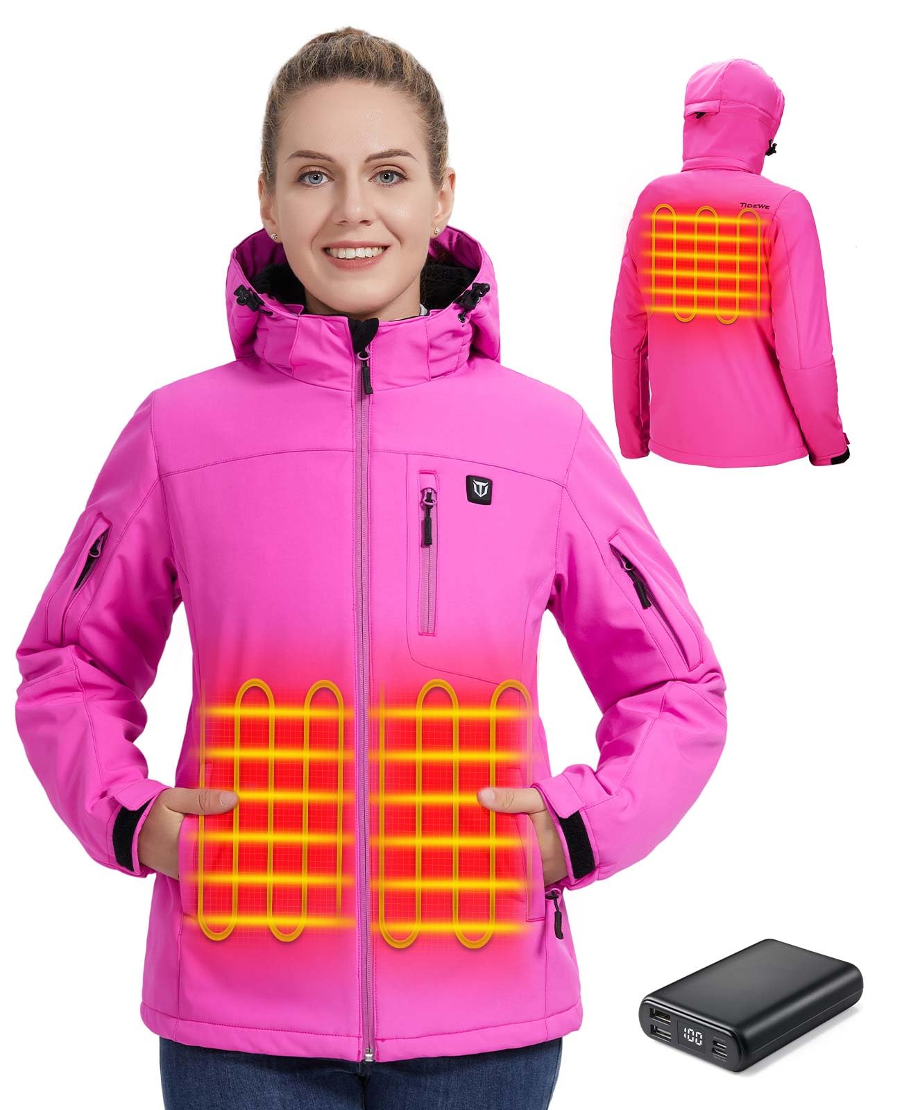 TIDEWE Women's Heated Jacket with Rechargeable Battery Pack - Winter Warm Coat for Outdoor Activities (Black, Pink, Camo, Size S-XXL) | Perfect for Hiking, Skiing & Cold Weather Commuting