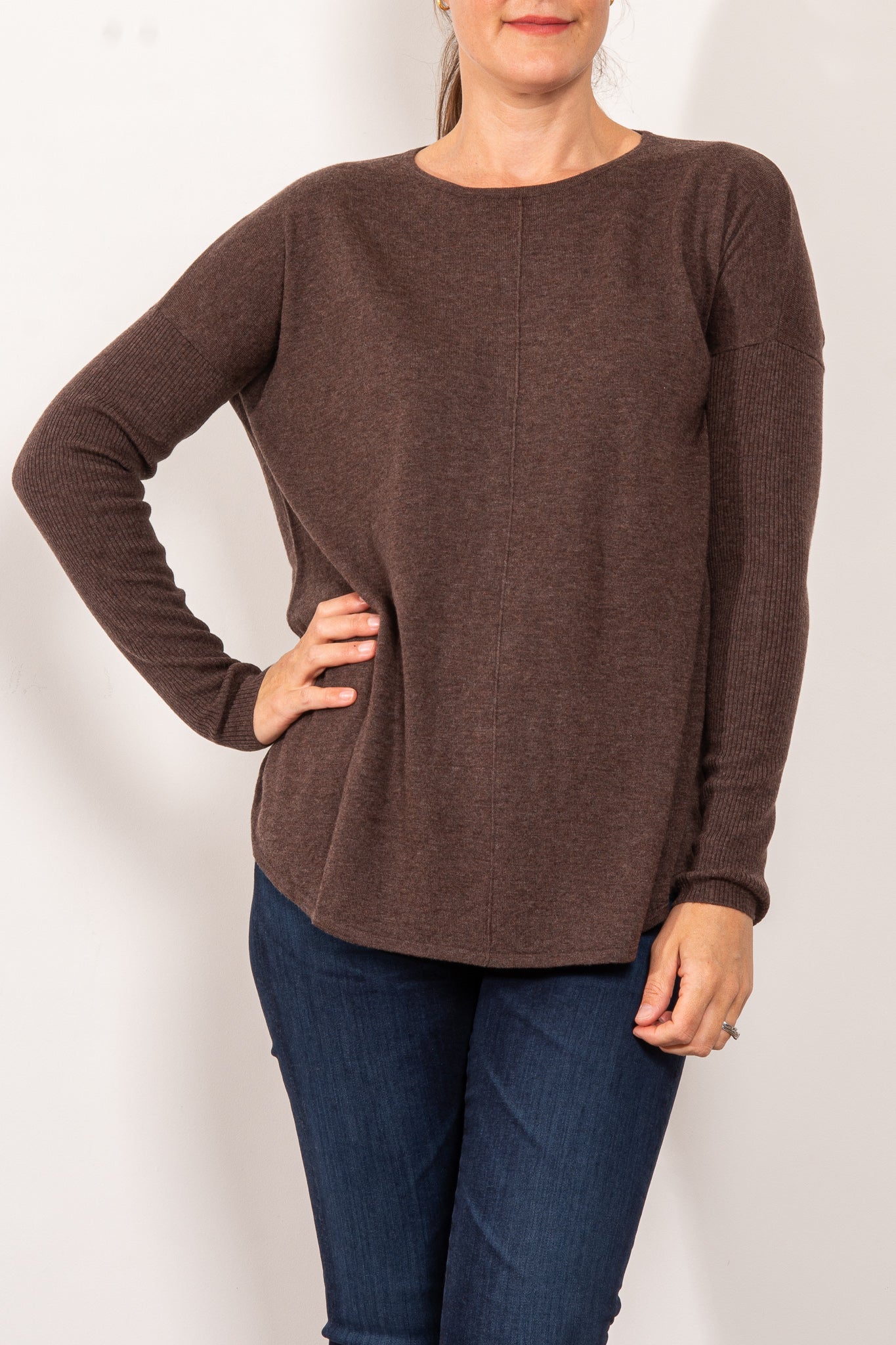 Bridge & Lord Curved Hem Crew Neck Sweater for Women - Soft Knit Pullover for Casual Wear & Office Outfits