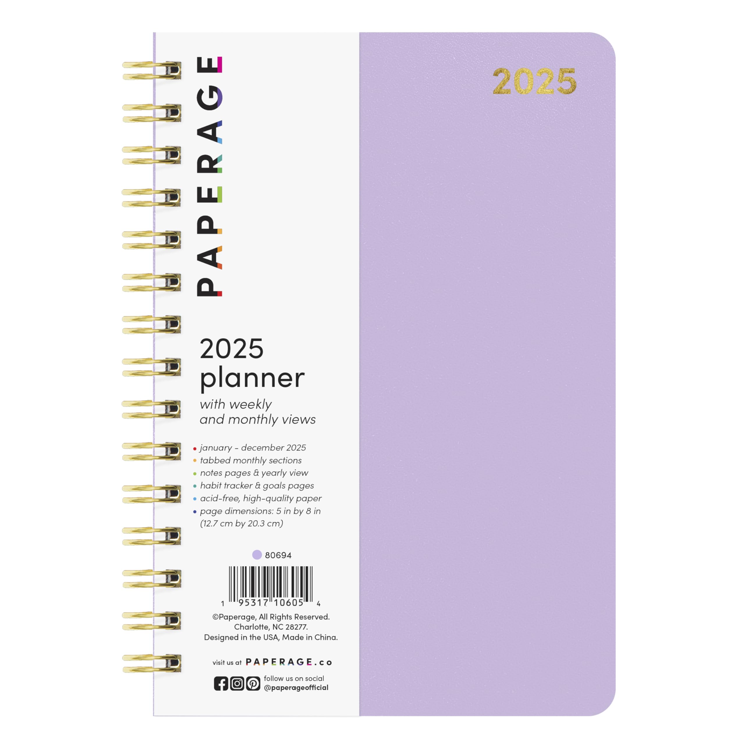 PAPERAGE 2025 Weekly & Monthly Spiral Planner - 12 Month Academic Calendar (Jan-Dec 2025), 5.5