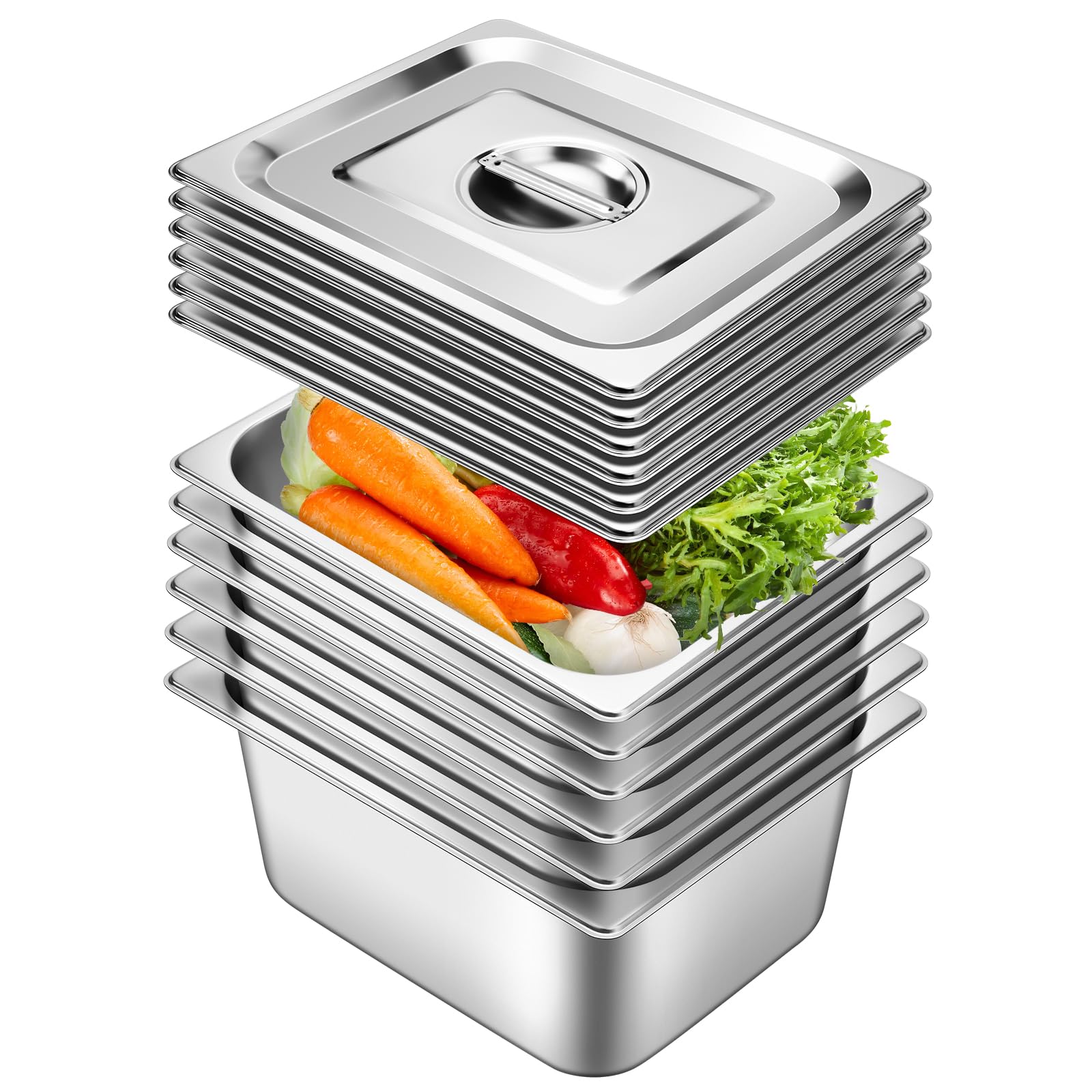 6 Pack Stainless Steel 1/2 Size Hotel Pan with Lids - 6