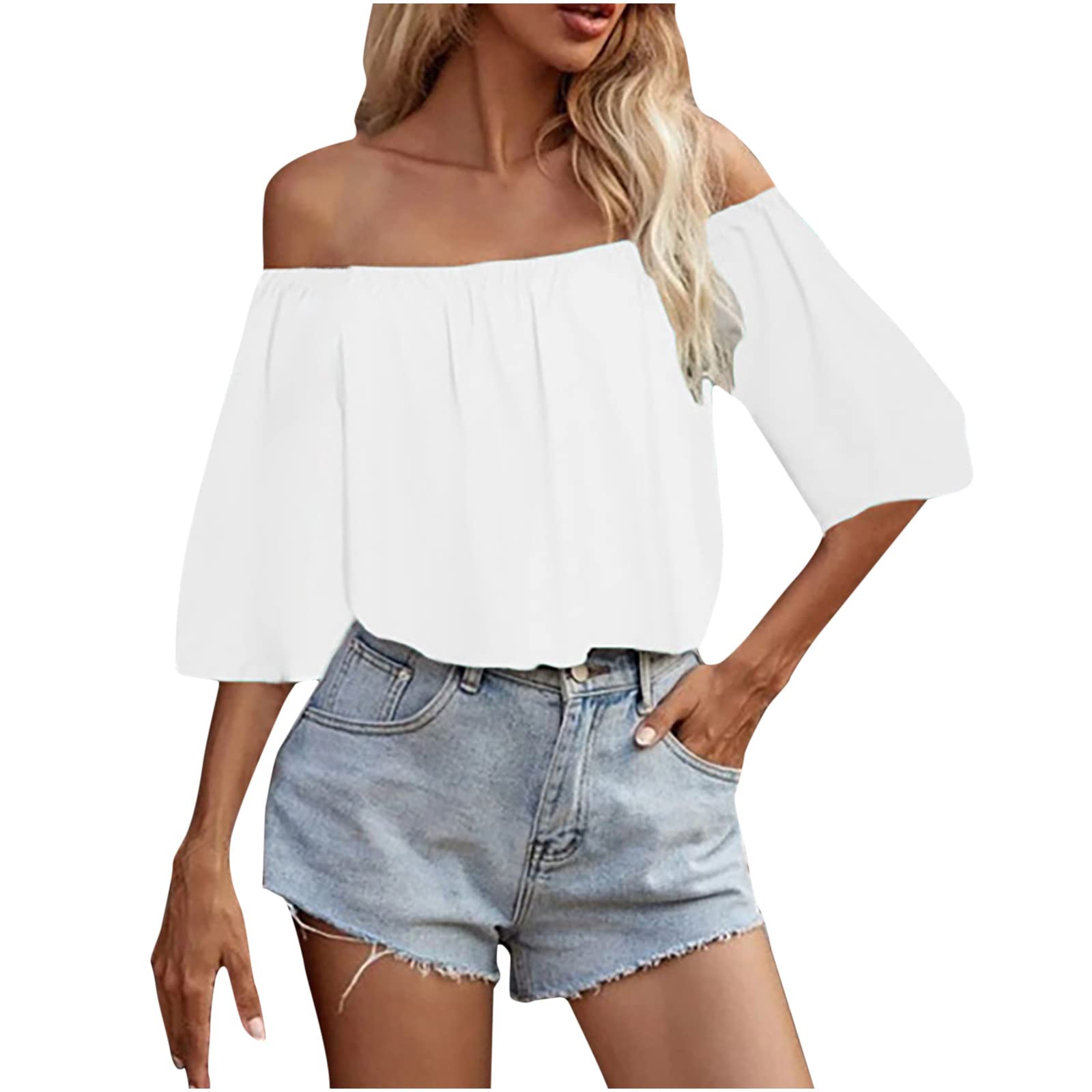 Women's 3/4 Sleeve Tops - Summer Elegant Casual Loose Blouses, Off Shoulder Solid Color Trendy Tube T-Shirts | Perfect for Beach Outings, Date Nights & Summer Vacations
