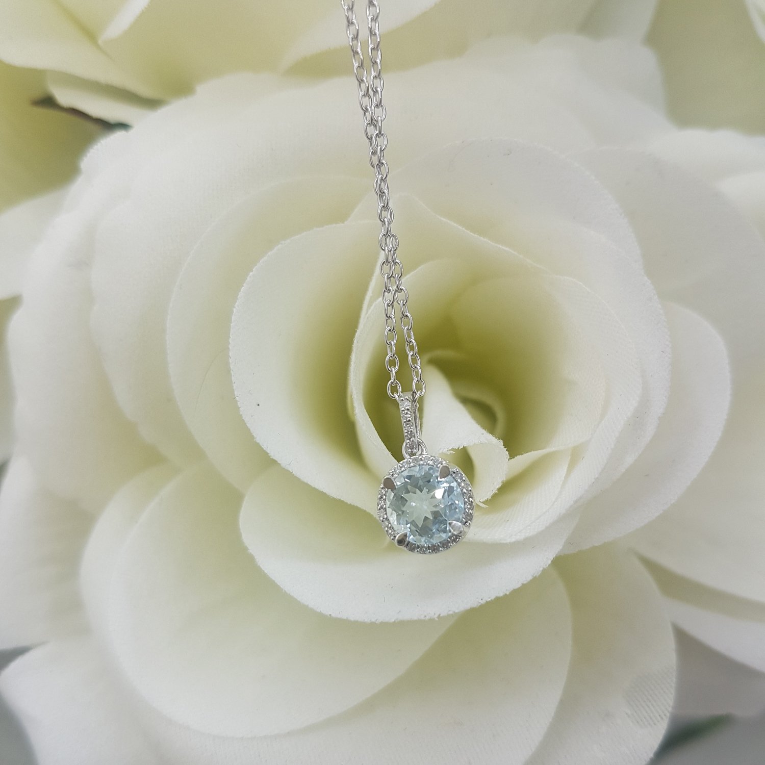 6.5mm Round Gemstone & White Diamond Women's Halo Pendant Necklace - 10K Solid White Gold with Silver Chain | Elegant Jewelry Gift for Anniversary, Birthday & Special Occasions